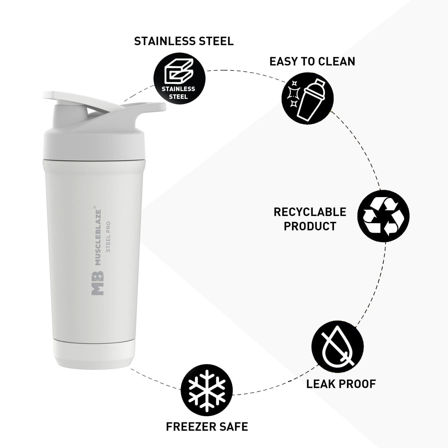 MuscleBlaze MuscleBlaze Steel Pro Shaker 700 ml with Steel Whisk, Leakproof Gym Shaker Bottle for Supplements, Pristine White