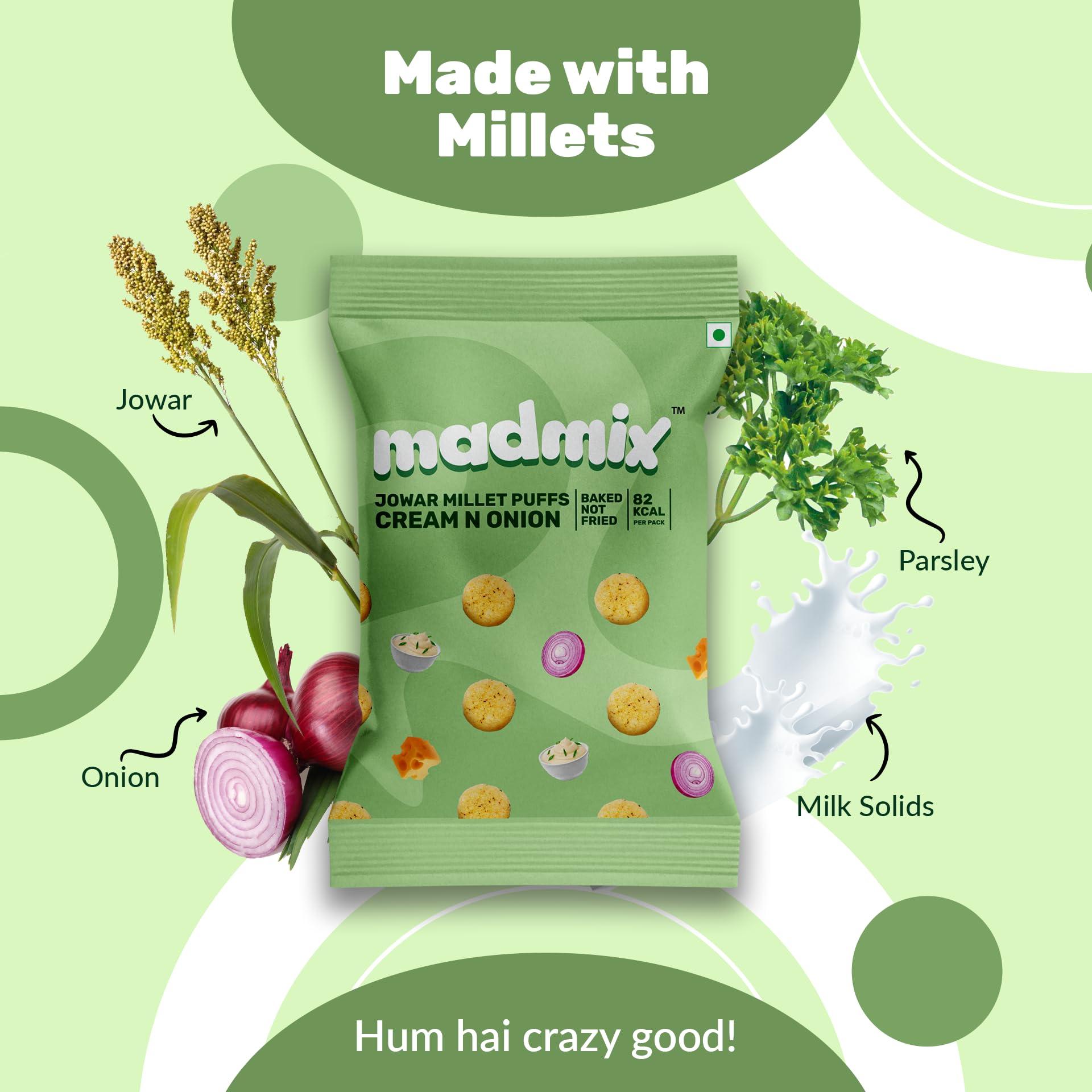 Madmix Madmix Jowar Millet Puffs - Cream & Onion | 480g Pack of 24 (20g X 24) | Gluten-Free | Crunchy Vegan Snack with a Creamy Zest | Baked, Not Fried