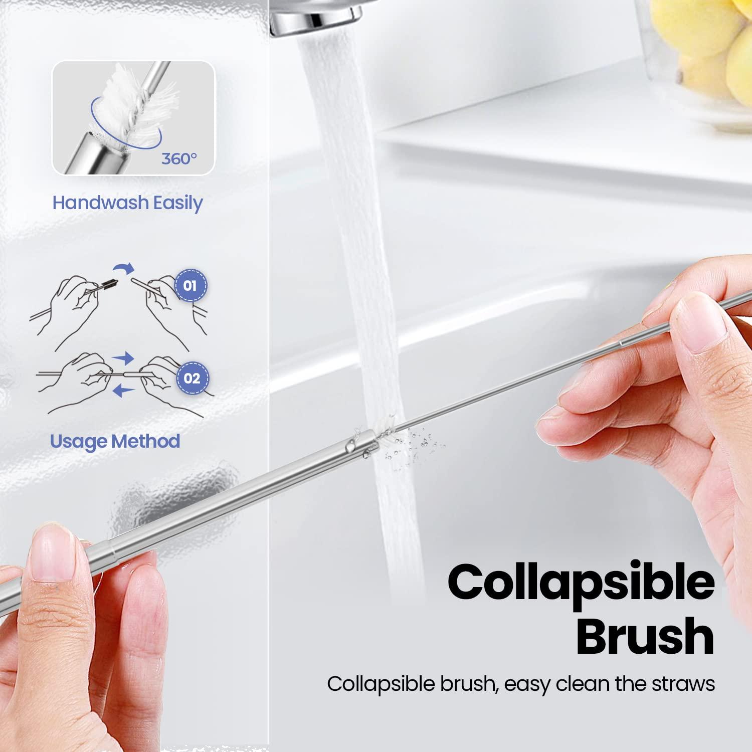 Ecoangel 4 Pack Portable Reusable Metal Straw Collapsible Stainless Steel Drinking Straw Telescopic Straw to Drink Water Smoothie with Aluminum Key-chain Case & Cleaning Brush Black & rose gold & blue & gold