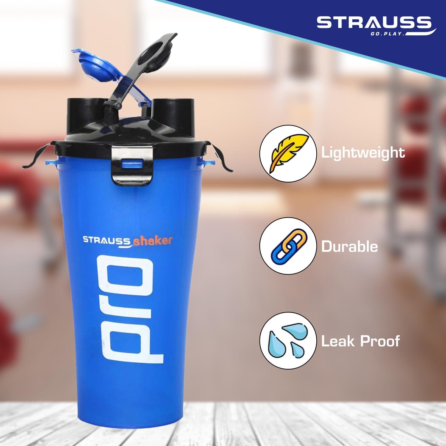 STRAUSS STRAUSS Dual Shaker Pro | Pre & Post Protein Shake On the Go | Leakproof and BPA-Free Material | Dual Shaker Bottle | Protein Shaker Bottle for Gym | Suitable for Both Men and Women, 700ml,(Blue)