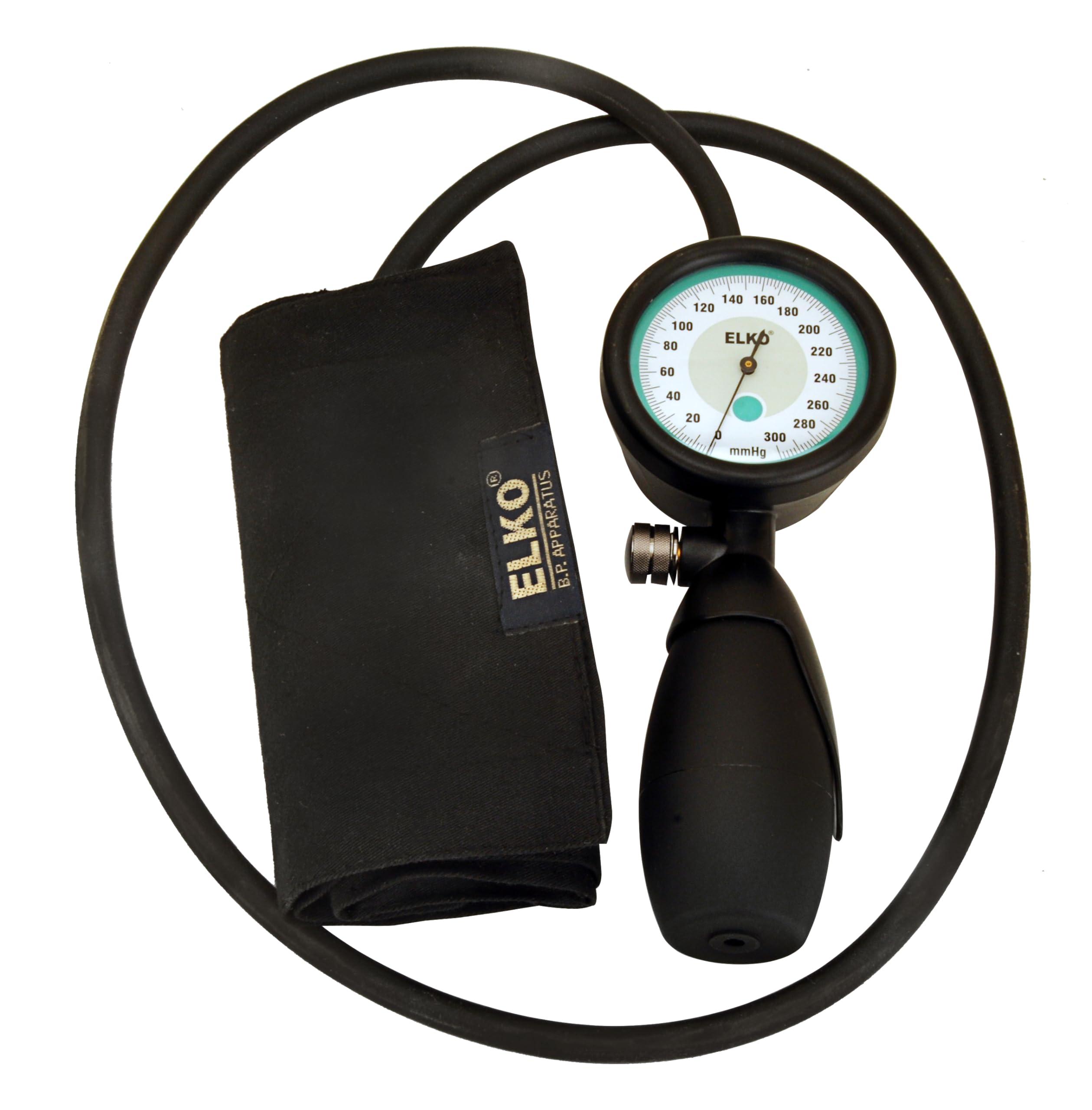 ELKO ELKO EL-420 Palm Type Aneroid Blood Pressure Monitor Sphygmomanometer with Carry Case | Large Cotton Cuff (Black)