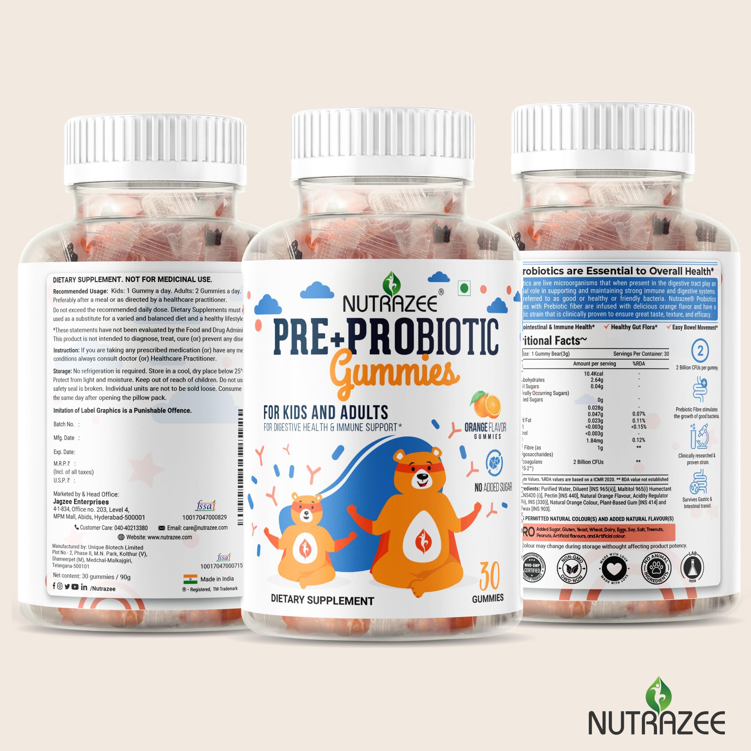 Nutrazee Nutrazee Probiotic Gummies - 2 Billion CFU, Prebiotic Fiber - Zero Added Sugar Supplement For Kids, Men & Women Clinically Validated For Digestion, Easy Bowel Movement & Immunity, 30 Gummy Bears -Orange Flavour