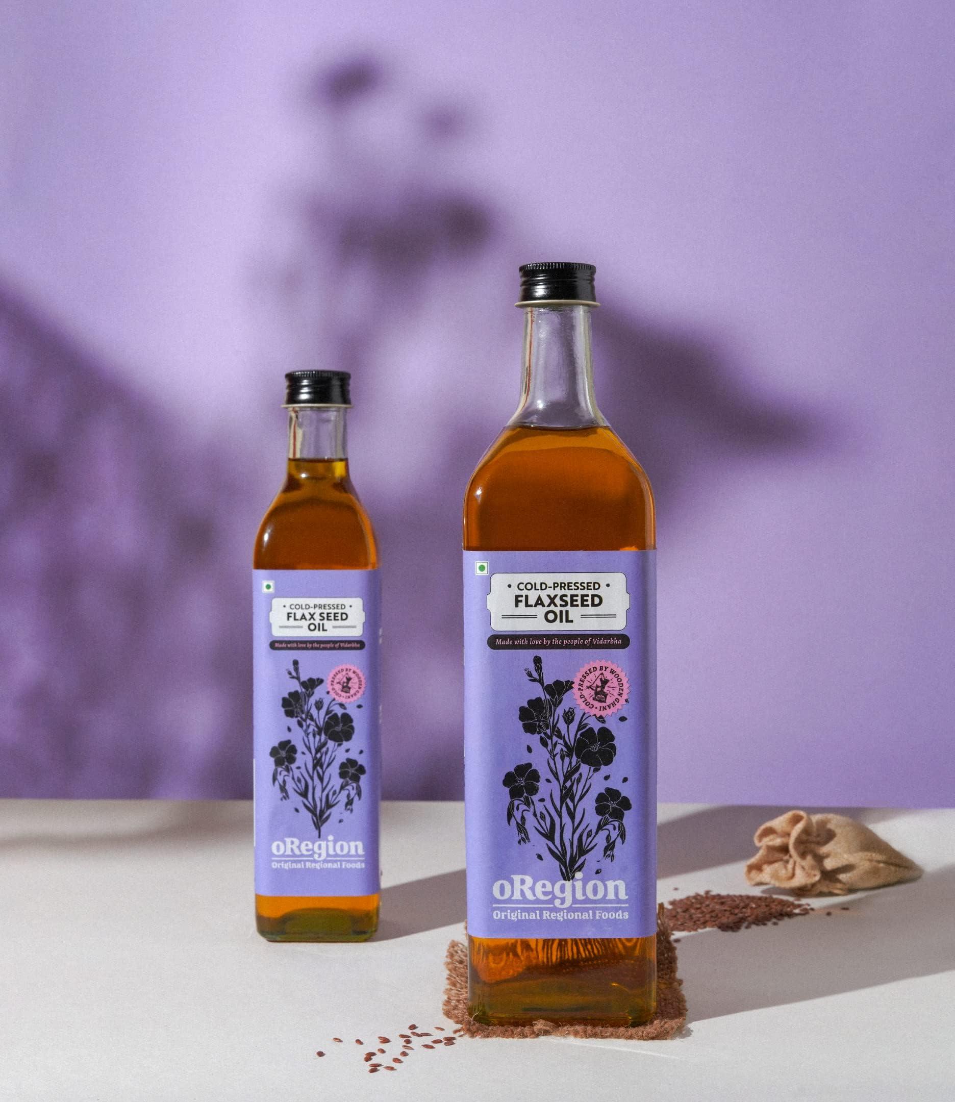 oRegion oRegion Cold Pressed Wood Pressed Flaxseed Oil(500 ml) | Kachi Ghani Alsi Ka Tel, Omega-3 Rich, Pure, Organic and Unadulterated Multipurpose, Good for Gut, Heart, Hair, Skin, Preservative Free, Glass Bottle