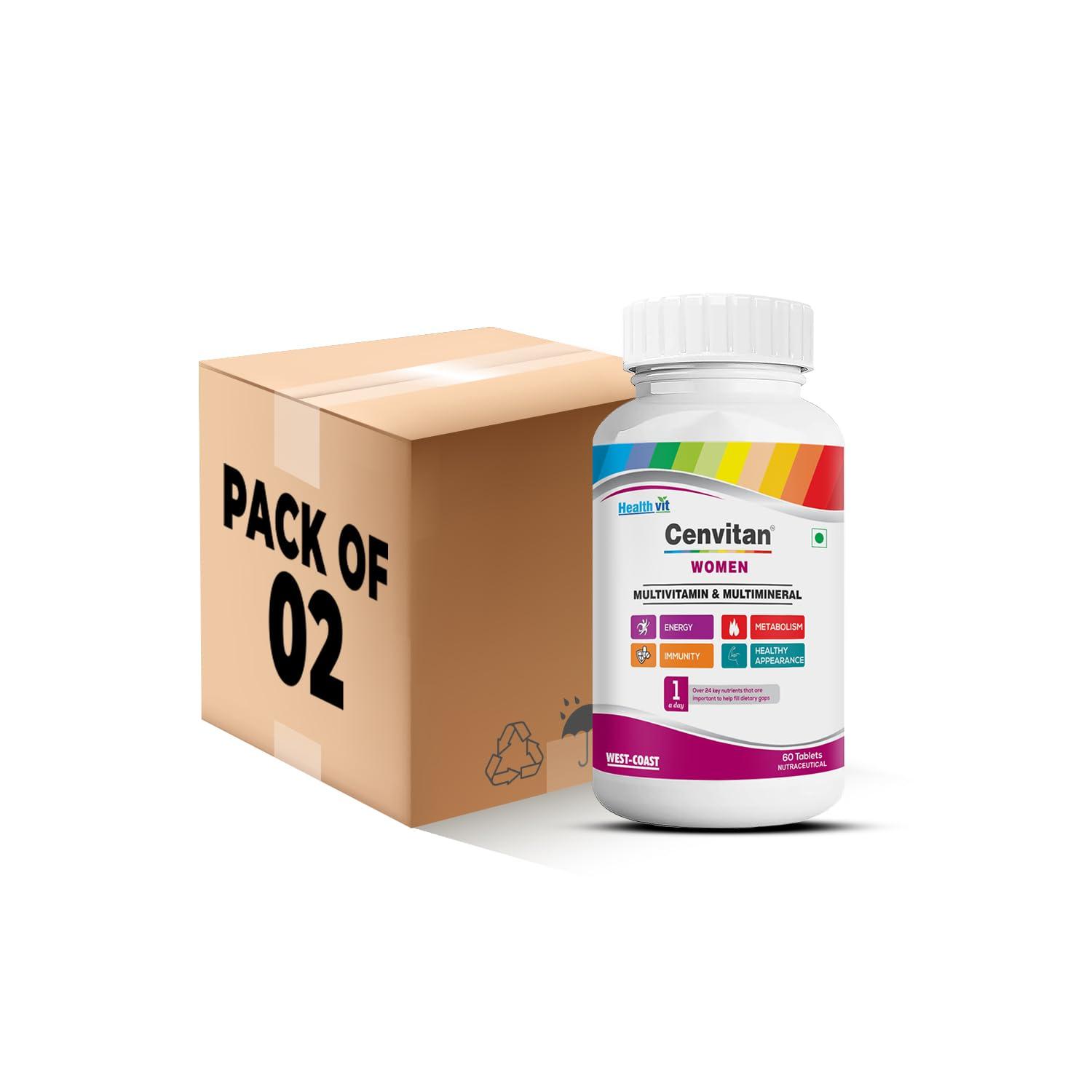HealthVit Healthvit Cenvitan Multivitamin for Women - 60 Tablets with 24 Nutrients | Women Daily Nutrition, Stamina Enhancement, Hair, Skin, and Nails | Bone Health, Vitality, Energy Boost, Immunity (Pack of 2)