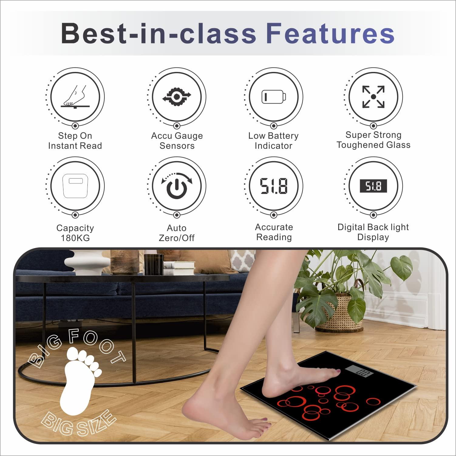 AccuSure AccuSure Black & Silver Digital Bathroom Weighing Scale with LCD Panel & 6mm Thick Tempered Glass, B-15 Electronic Weight Machine for Human Body capacity-180kg - 1 Year Warranty