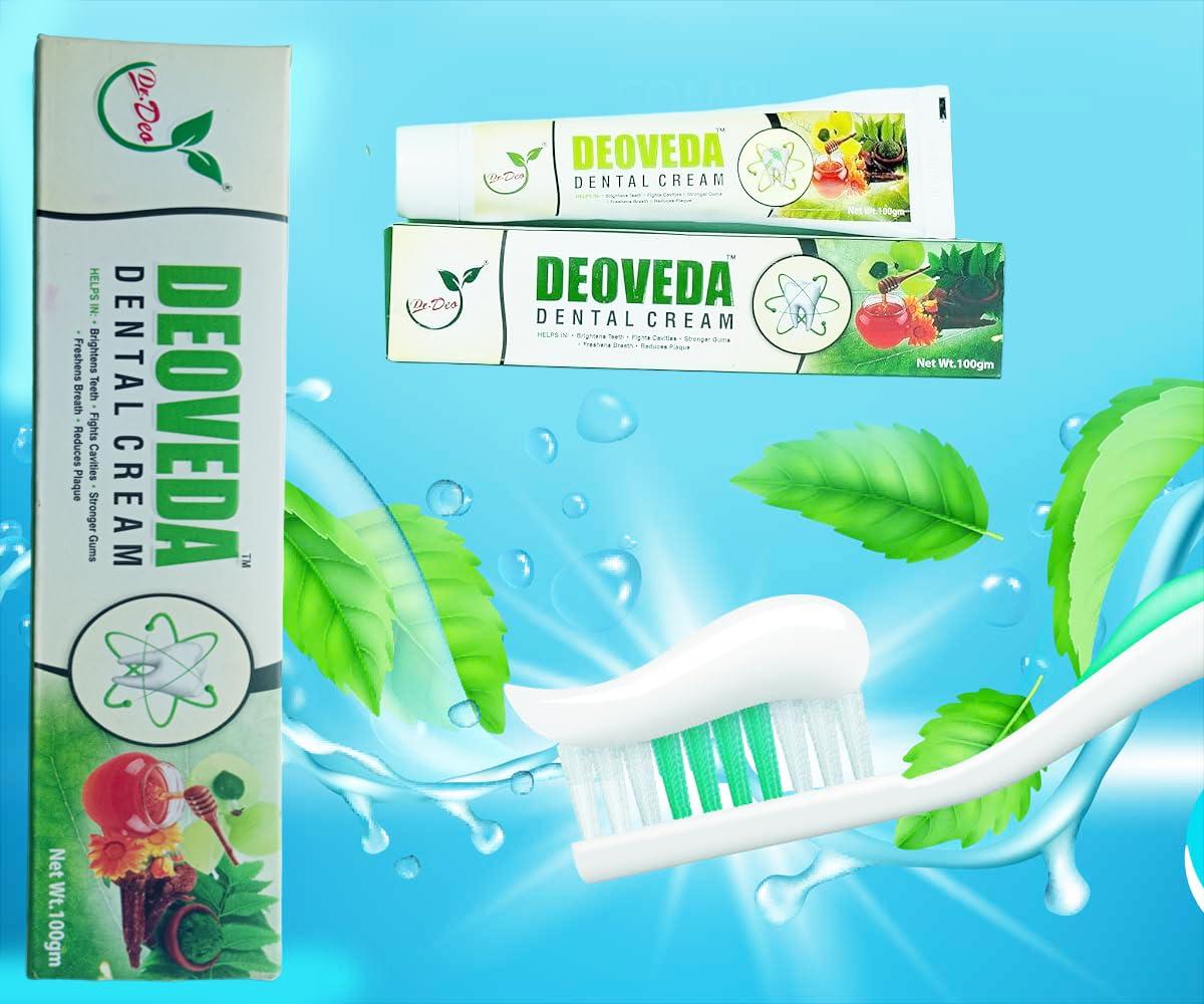 Dr. Deo DEOVEDA Dental Cream helps in brightness teeth fights cavities stronger gums freshens breath reduces plaque net weight 100grms