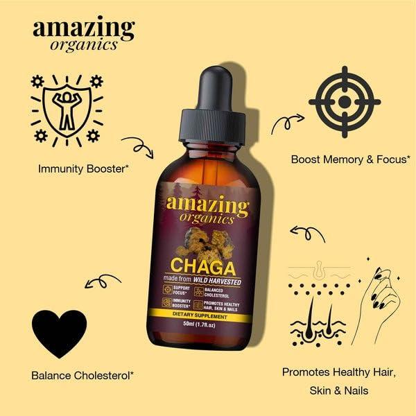 AmazingOrganics Chaga Mushroom Drops - Potent Extract for Natural Wellness, Easy-to-Use, Vegan Formula