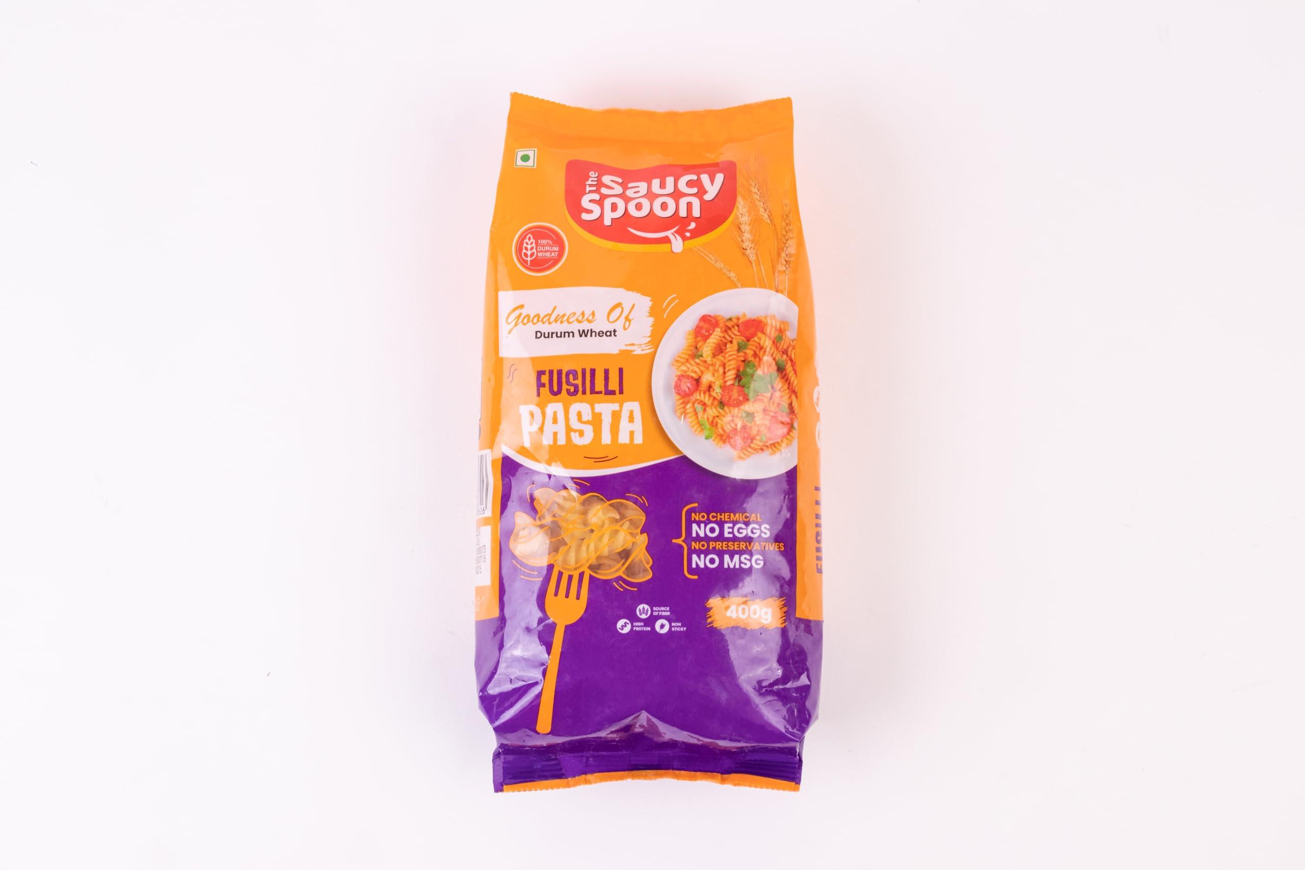 The Saucy Spoon The Saucy Spoon - Combo Penne & Fusilli Pasta | 100% Durum Wheat Low in Calories Healthy Cooked | No Chemical & Preservatives | Quality Ingredients High Protein & Fibre Vegan - 400g x 2