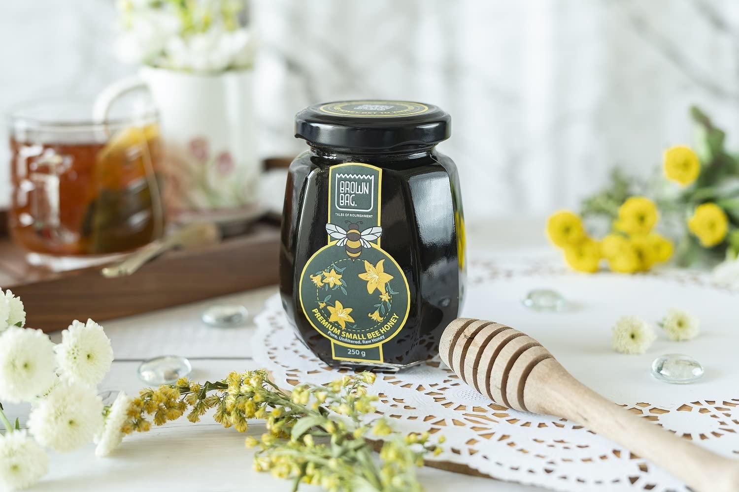 Brown Bag - Tales of Nourishment Small Bee Honey - 100% Pure Raw Organic Unprocessed Shahad| 100% Pure NMR Tested Shahad | No Added Sugar |Natural & Unpasteurized Immune Booster Flavoured Original Honey (Pack of 1)_750g