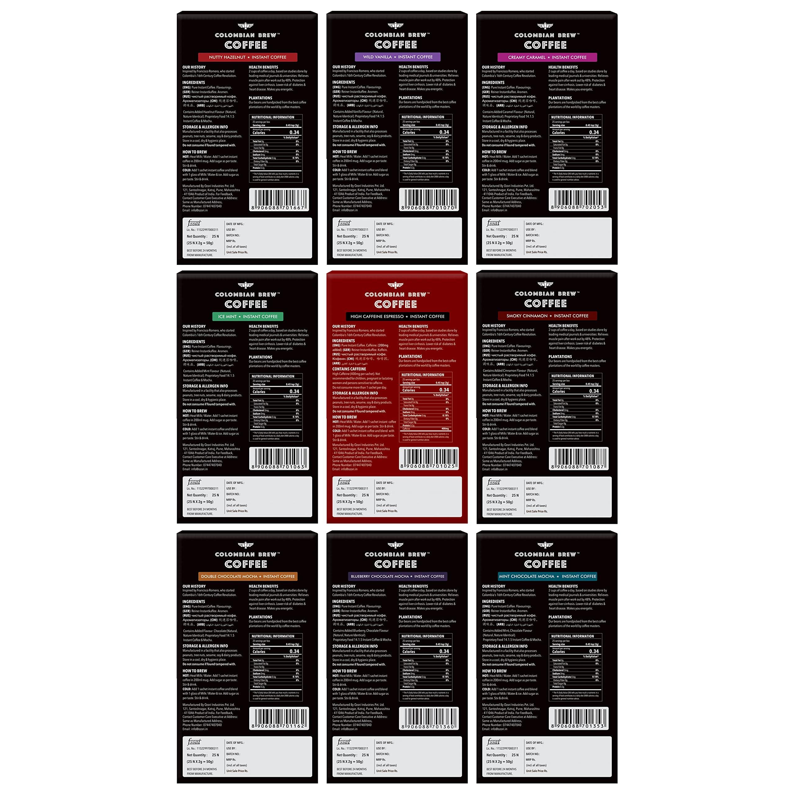 COLOMBIAN BREW COFFEE Colombian Brew Assorted, High Caffeine Espresso, Vanilla, Hazelnut, Caramel, Cinnamon, Double Chocolate Mocha, Blueberry Chocolate Mocha, Mint Chocolate Mocha, Mint Instant Coffee Powder, 50g Each