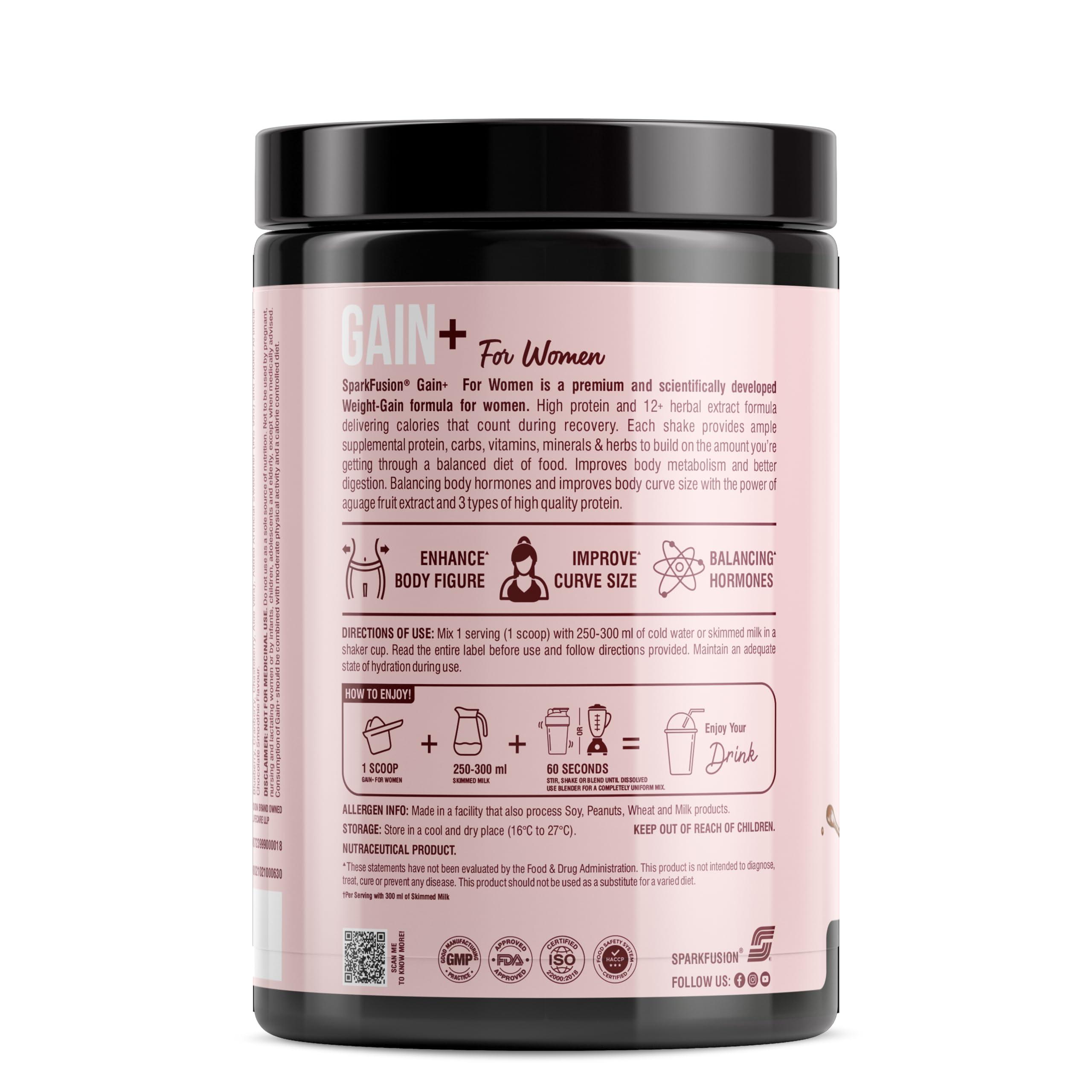 Sparkfusion Sparkfuison Gain+ Women Weight Gainer | With Full Power 12 Herbs,Protein & Vitamins | For Improves Figure And Curve Size | Weight + Mass Gainer For Women Chocolate Smoothie flavour 500 gm