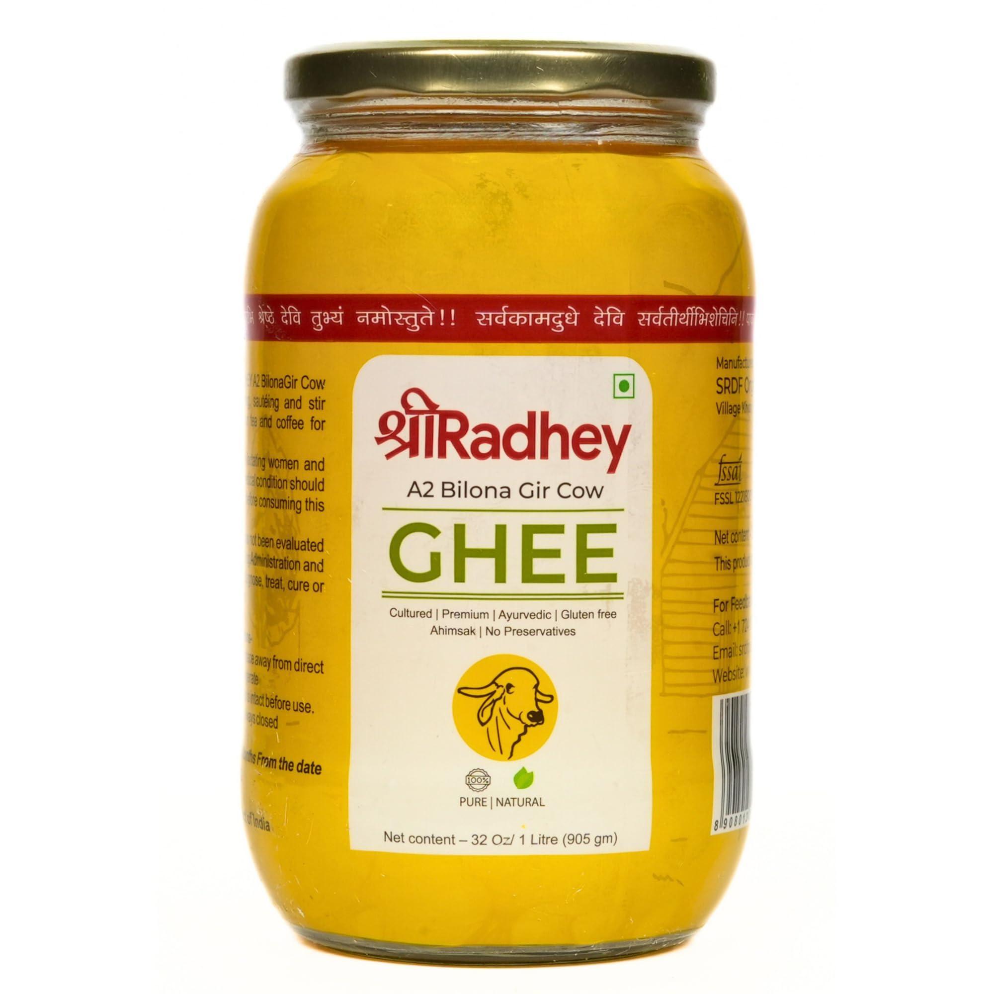 SHREERADHEY SHREERADHEY Gir Cow Ghee I A2 Bilona Traditional Bilona Method I 1 L Glass Bottle, 1.53 Kg