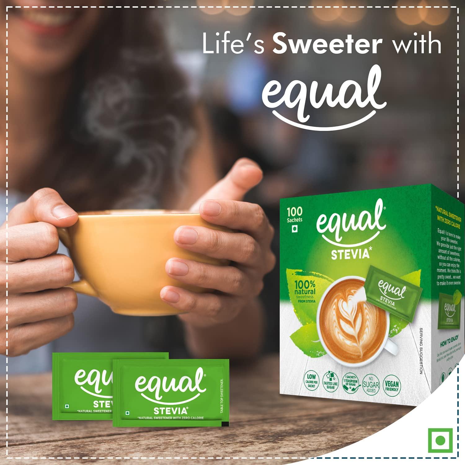 Equal Equal Stevia Natural Sweetener, Sugar Free, 100 Sachet, Pack of 4
