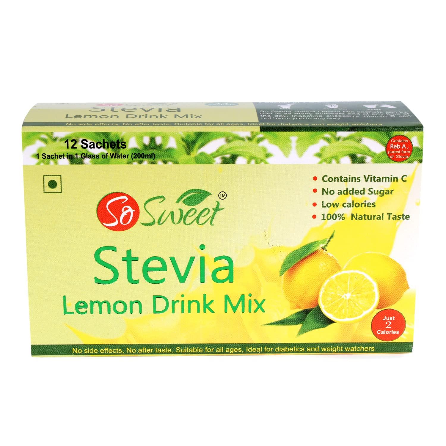 So sweet So Sweet Stevia Lemon Instant Drink Mix Sugar Free | Zero Calories| Enrich with Vitamin C | 12 Sachets