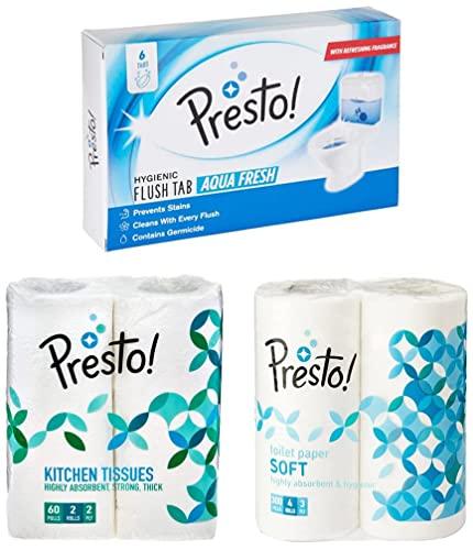 Presto! Presto! 3 Ply Toilet Paper Tissue Roll - 4 Rolls (300 Sheets Per Roll) & 2 Ply Kitchen Tissue/Towel Paper Roll - 2 Rolls & Amazon Brand - Presto! Hygienic Flush Tabs, Aqua Fresh - 50 g (Pack of 6)
