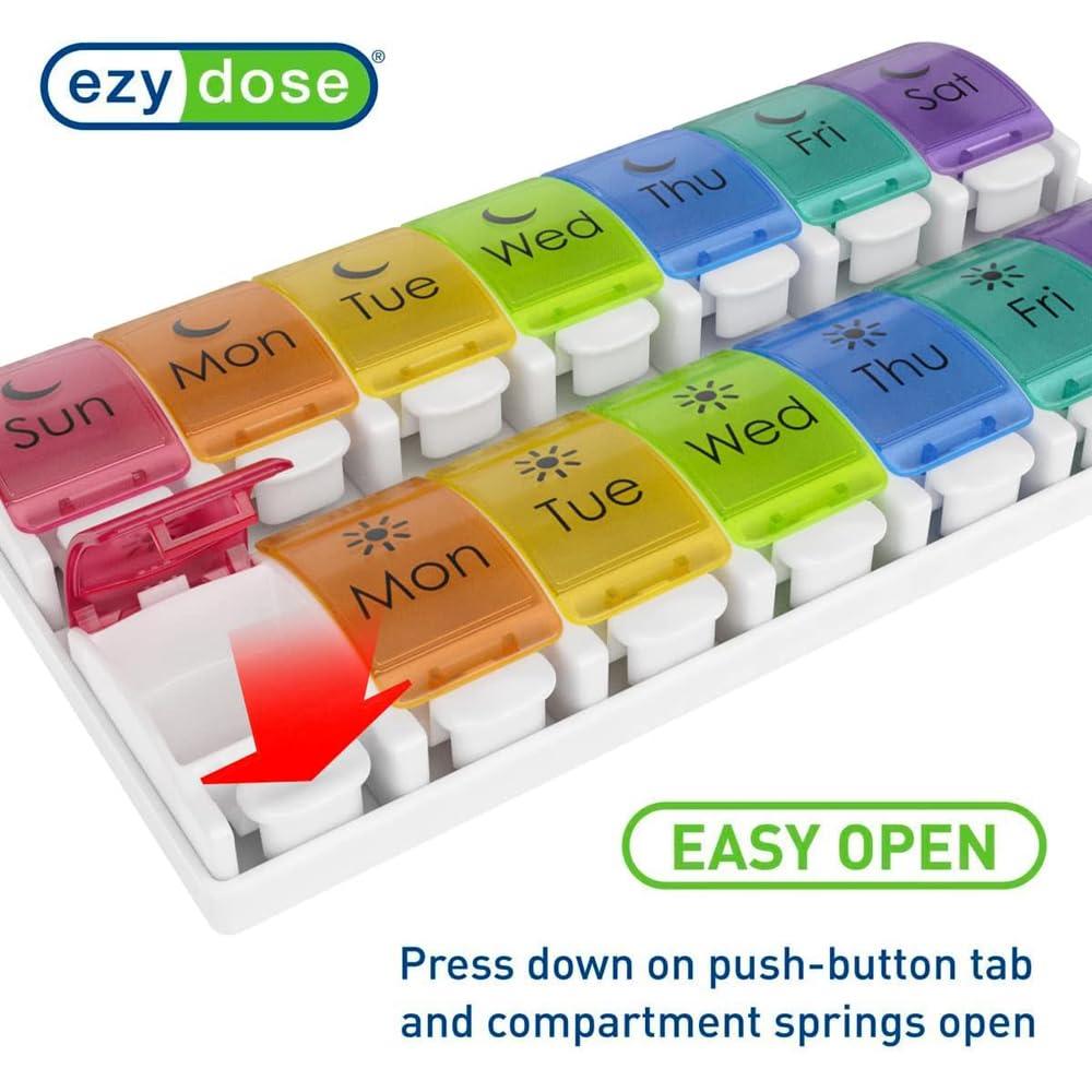 EZY DOSE Ezy Dose 7-Day Pill Organizer Box | 2 Times a Day, AM PM | Extra Large Compartments | Rainbow Lids | FDA Registered