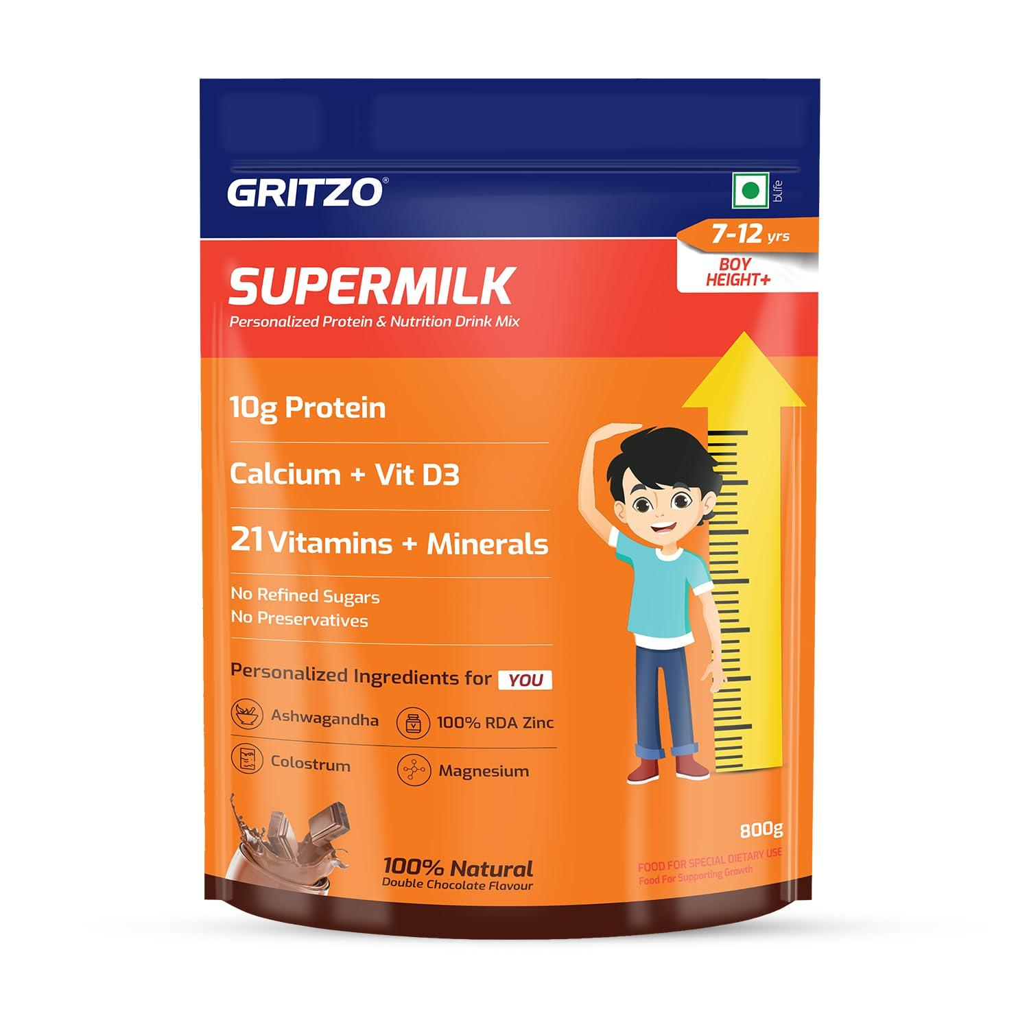 Gritzo Gritzo SuperMilk Height+ (7-12y Boys), 10g Protein Powder (Double Chocolate, 1kg) | Zero Refined Sugar, 21 Vitamins & Minerals
