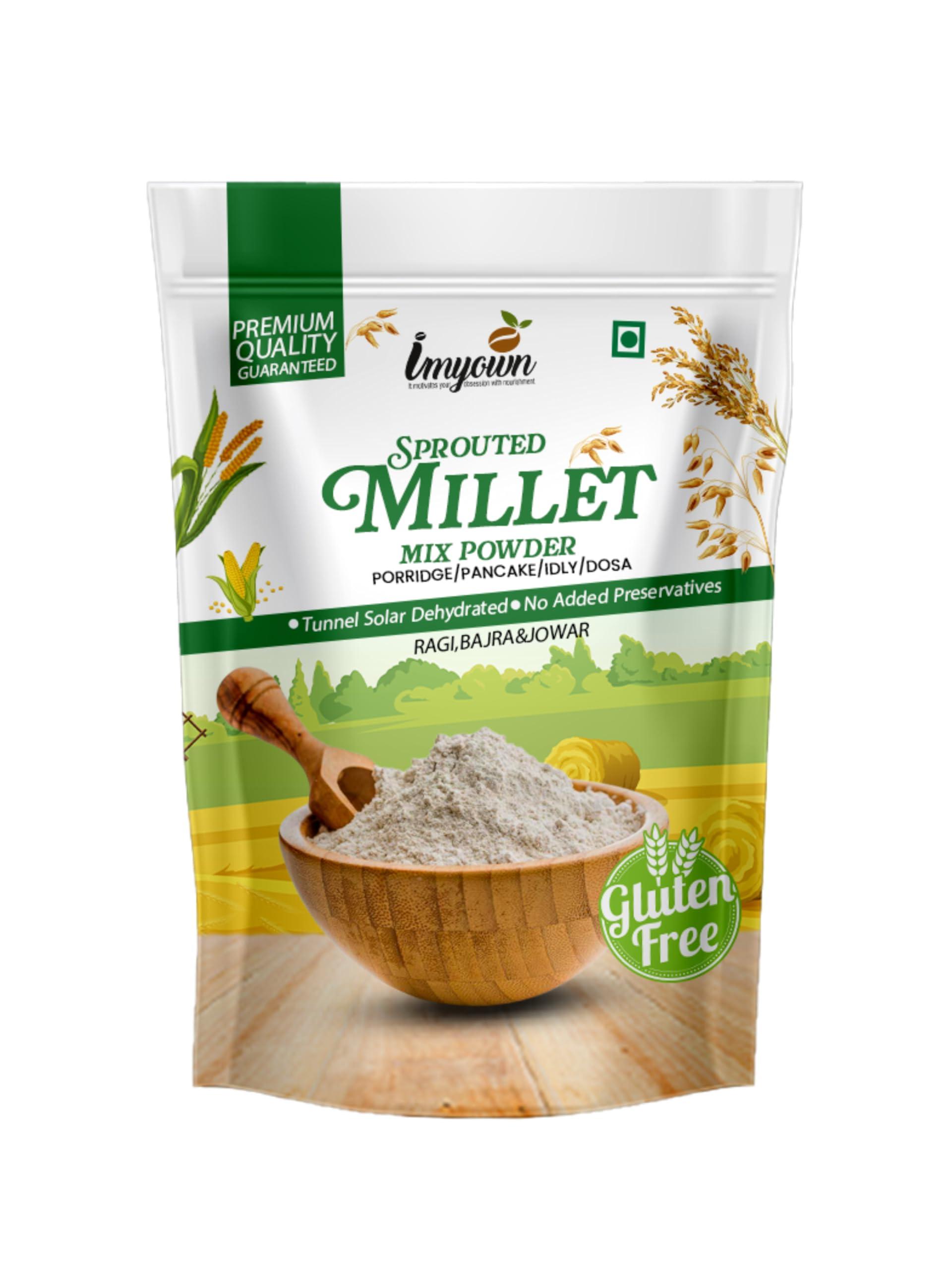 IMYOWN IMYOWN MULTI MILLET SPROUTED POWDER|SPROUTED MILET FLOUR|FINGER MILLET|PEARL MILLET|SORGHUM MILLET|SOAKED SPROUTED AND DEHYDRTED IN TUNNEL SOLAR DRYER |RICH IN FIBRE LOW IN FAT|I PACK 900 GM