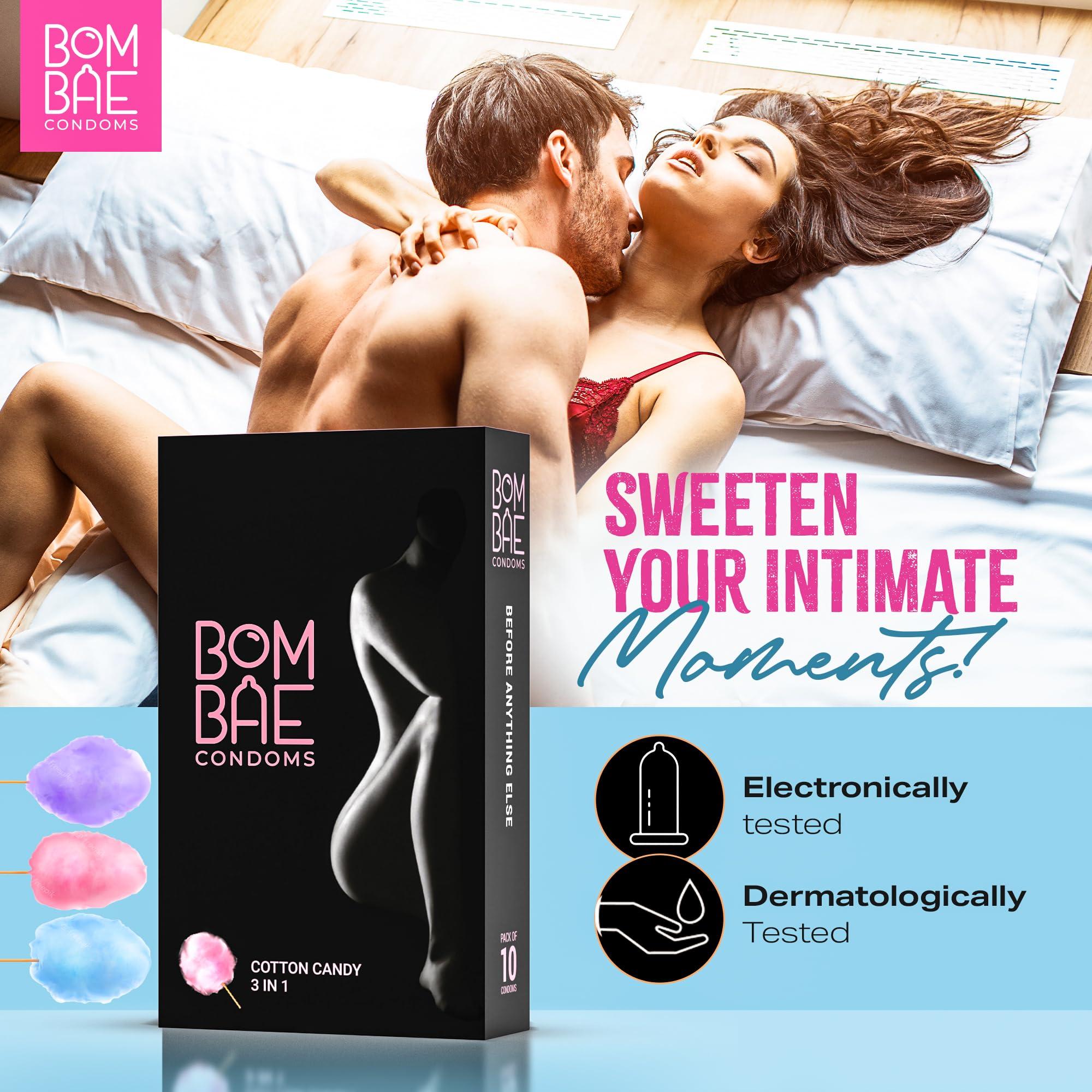 Bombae Condoms Bombae Condoms Extra Dotted Condoms for Men, Latex Free, Cotton Candy Flavour, Black - Pack of 4 (40 count)