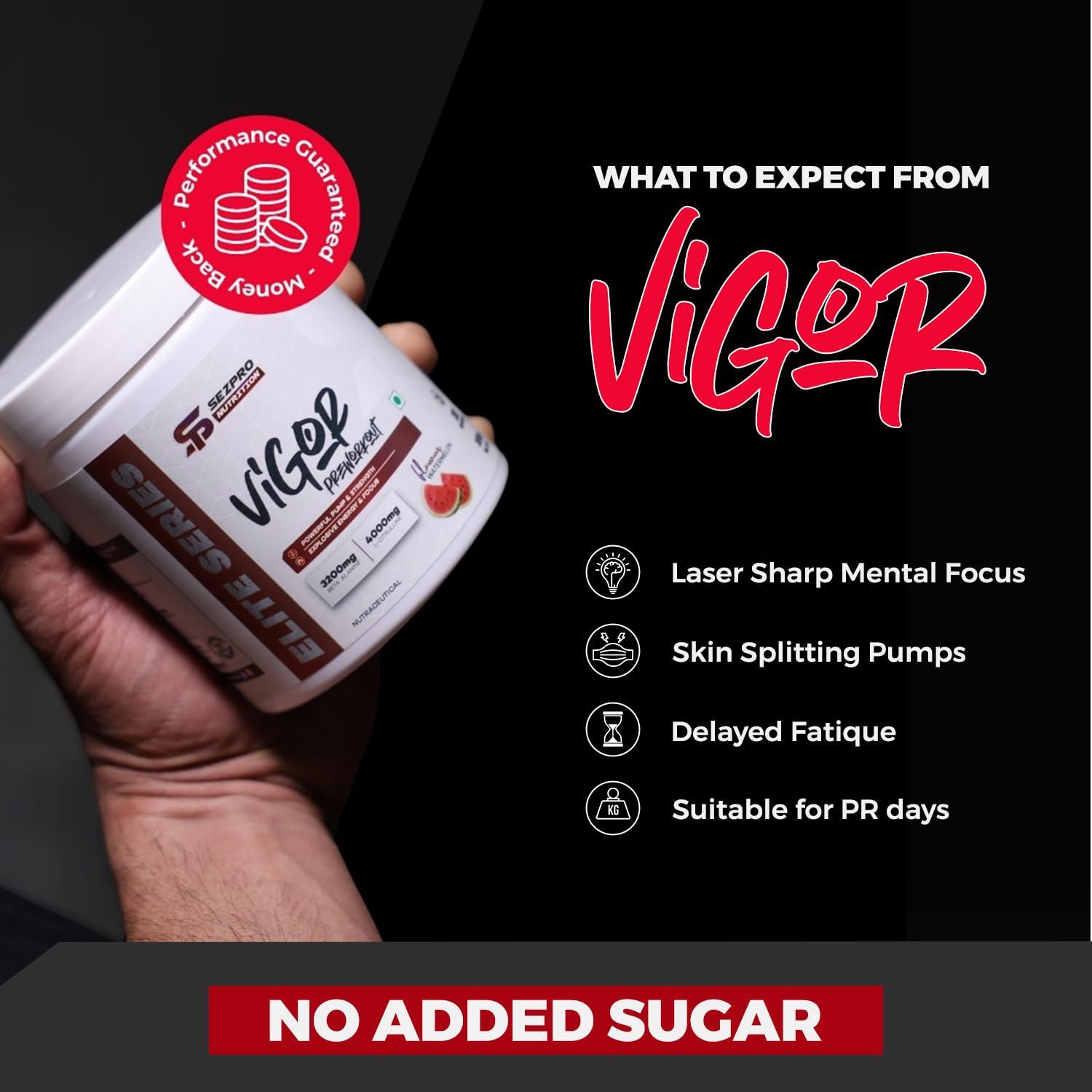 Sezpro Nutrition Sezpro Nutrition Vigor Pre Workout | 300gm | 30 Servings | 300mg Caffeine | 200mg Theanine | 3200mg Beta Alanine | 4000mg Citrulline | Powerful Pump & Strength | Explosive Energy & Focus (Watermelon)