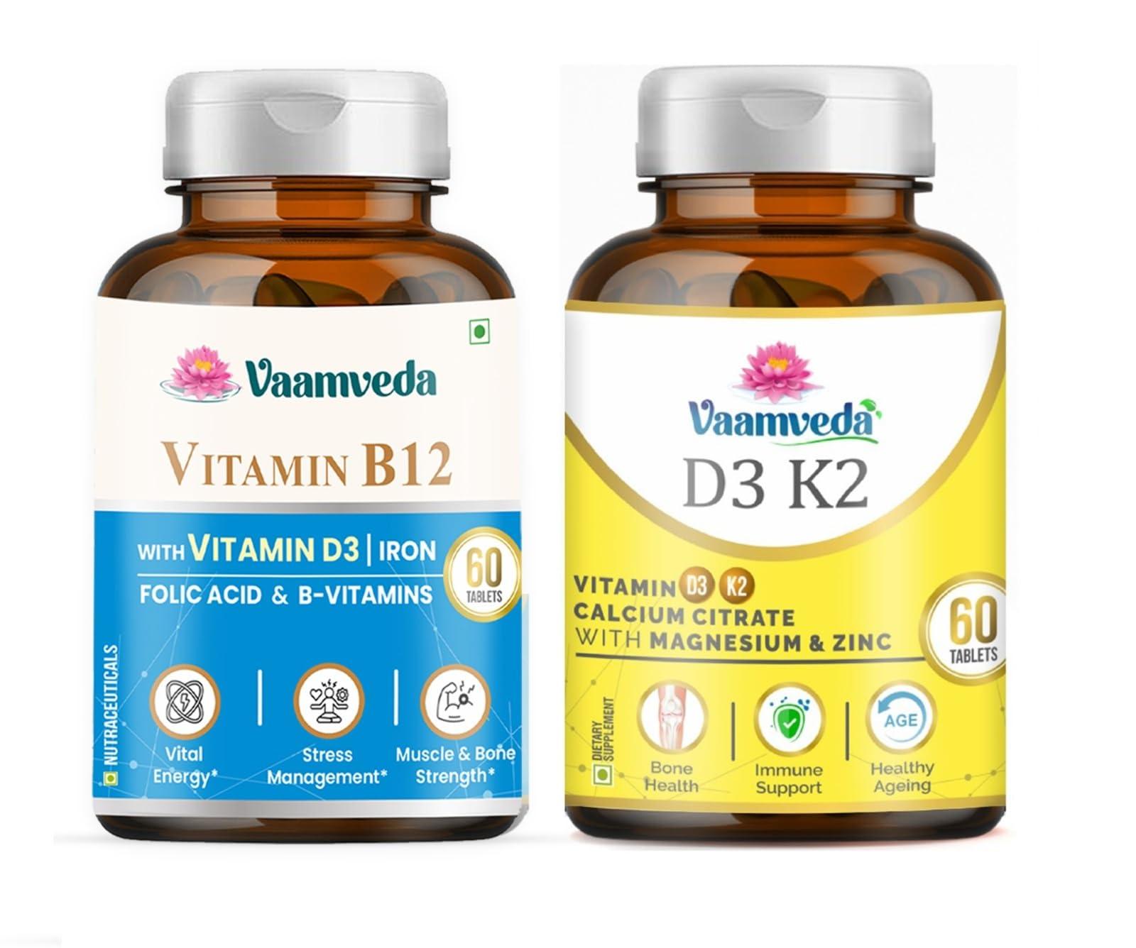Vaamveda Vaamveda B12 D3 Supplement for Women Men - B12 D3 K2 Calcium Magnesium Zinc Omega 3, 120 Vegan Tablets