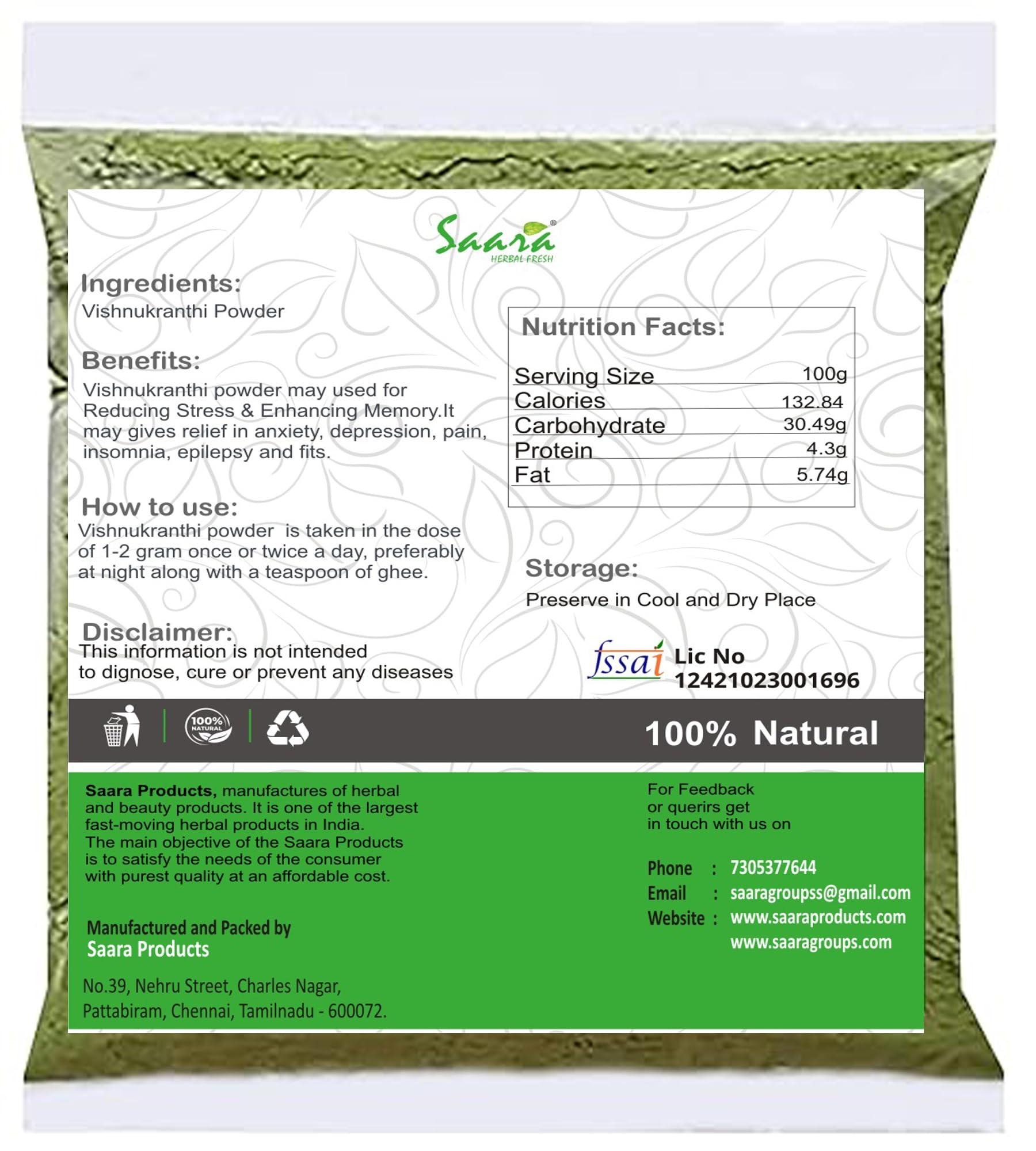 SAARA Saara HERBAL FRESH Vishnukranthi Powder, 300g, Shankhapushpi, Vishnukrantha, Morning Glory, Sankaholi Powder, (pack of 3x 100g)