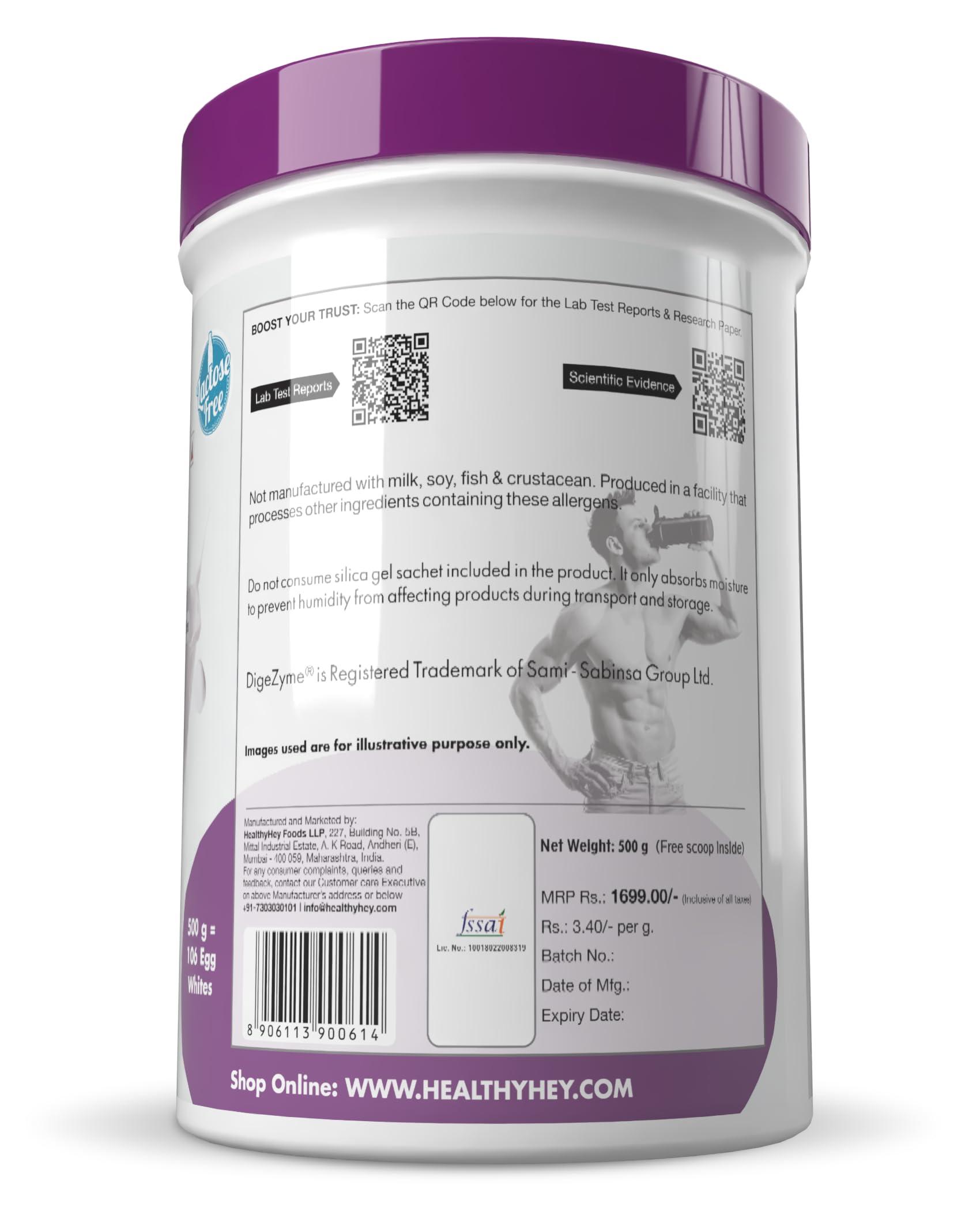 HealthyHey Nutrition HealthyHey Nutrition 100% Egg White Protein - Instant Mix - 80% Protein - Non GMO & Lactose Free - 500g (Unflavoured), 15 Servings (Pack of 1)