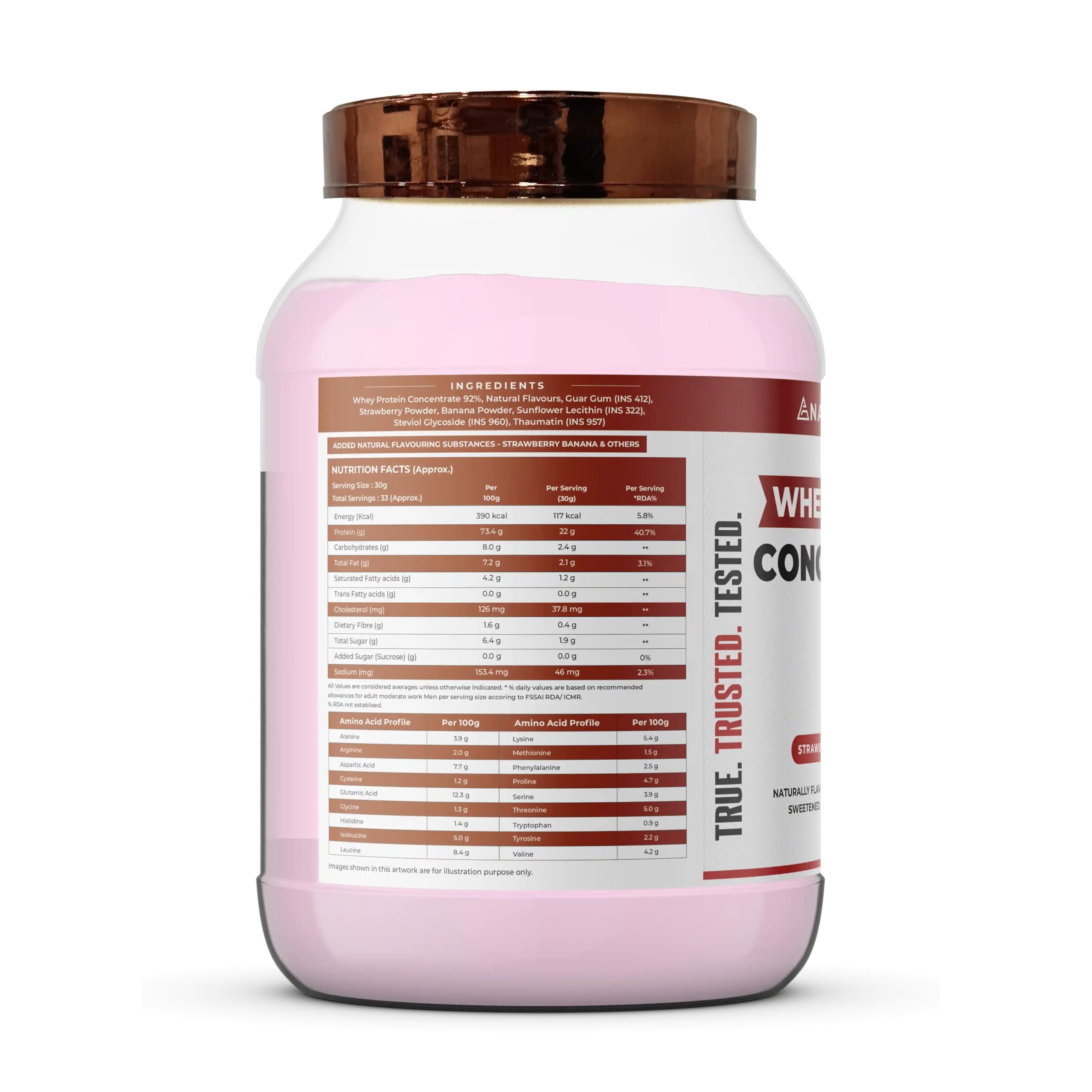 NATURALTEIN NATURALTEIN Natural Whey Protein Concentrate Strawberry Banana - 1 kg (Naturally flavored, Non GMO, No Artificial Sweeteners)