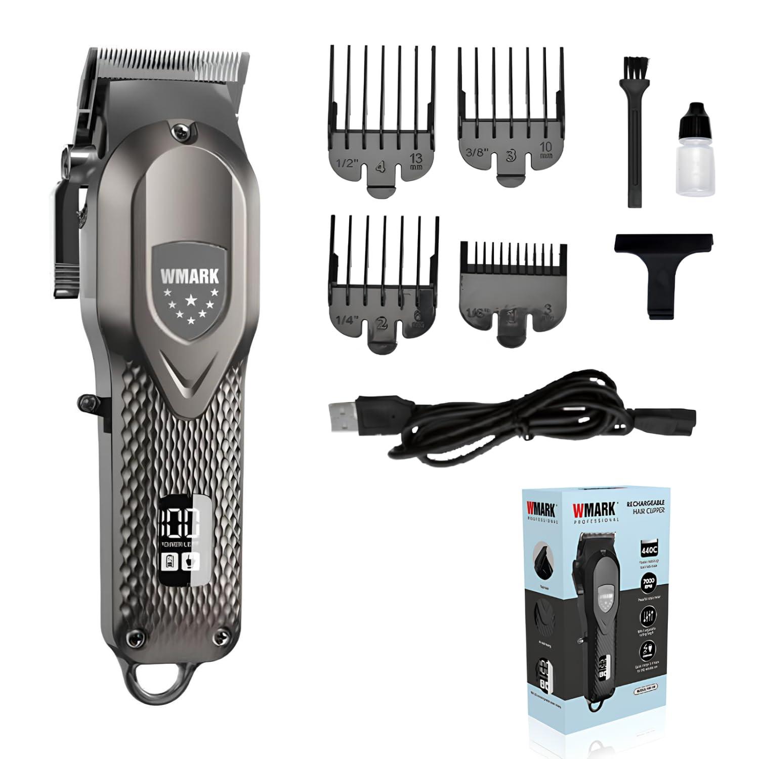WMARK WMARK NG-119 Professional Zero Gap Hair Trimmer Digital Display Self Sharpening Blade 7000 RPM Magnetic Motor USB Charging 4 Guide Comb Runtime 240 Min 2000 Mah Li-Ion Battery, Silver,Men