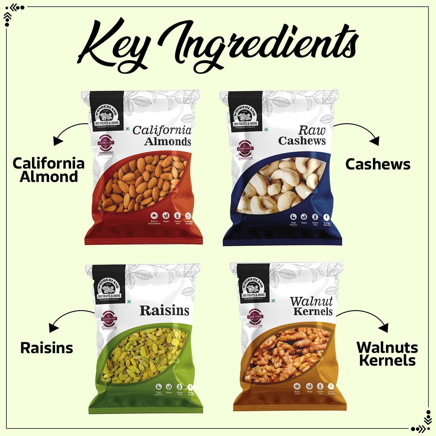 WONDERLAND FOODS (DEVICE) WONDERLAND FOODS Dry Fruits Combo Pack of 4 (100 grams each) Badam, Kaju, Akhrot, Kishmish - (Almonds-Cashews-Walnut Kernel-Raisins)
