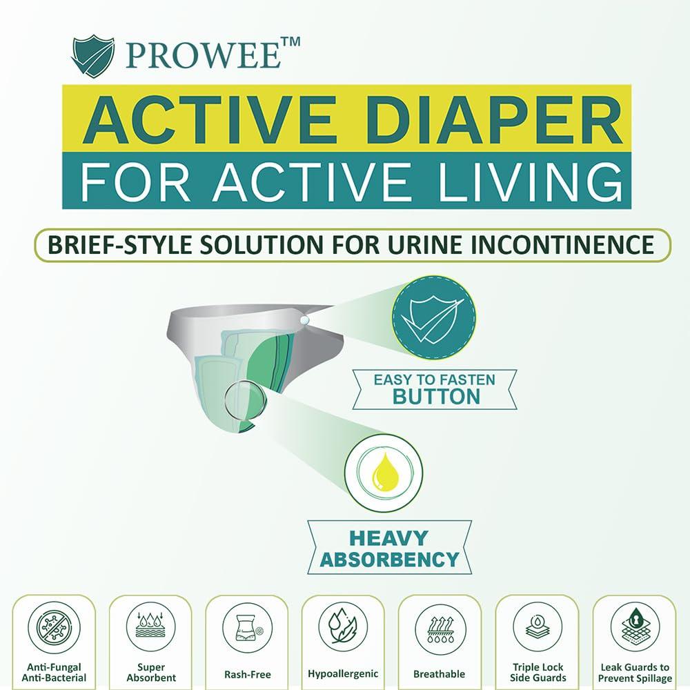 PROWEE Prowee Men Active Diaper For Urinary Incontinence | Brief-Style | Capacity Up To 450ml with Leak Guard (Pack of 5) (L)