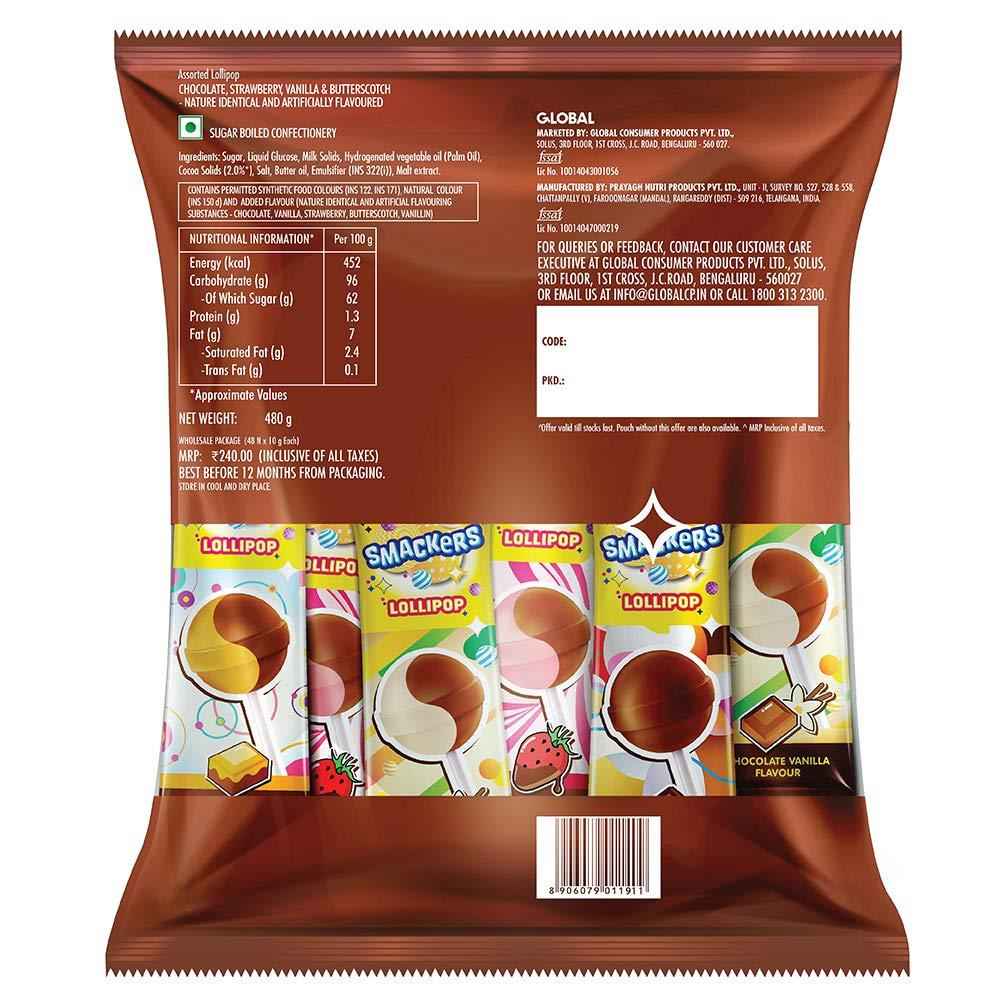 LuvIt LuvIt. Smackers Chocolate Flavoured Lollipops (Chocolate Butterscotch, Chocolate Vanilla, Chocolate Strawberry & Chocolate) | Pack Of 6- 480 Gm Each
