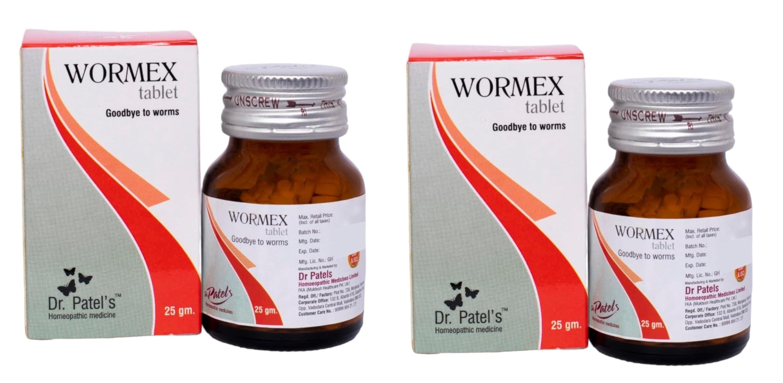 DR PATELS HOMEOPATHIC MEDICINES Dr Patel\'s Homeopathic Wormex Tablets | Ideal Treatment for Diarrhea, Convulsions, Itching, Parasitic Diseases, Worm Infestations, Weakness, and Irritability - 25gms (Pack of 2)