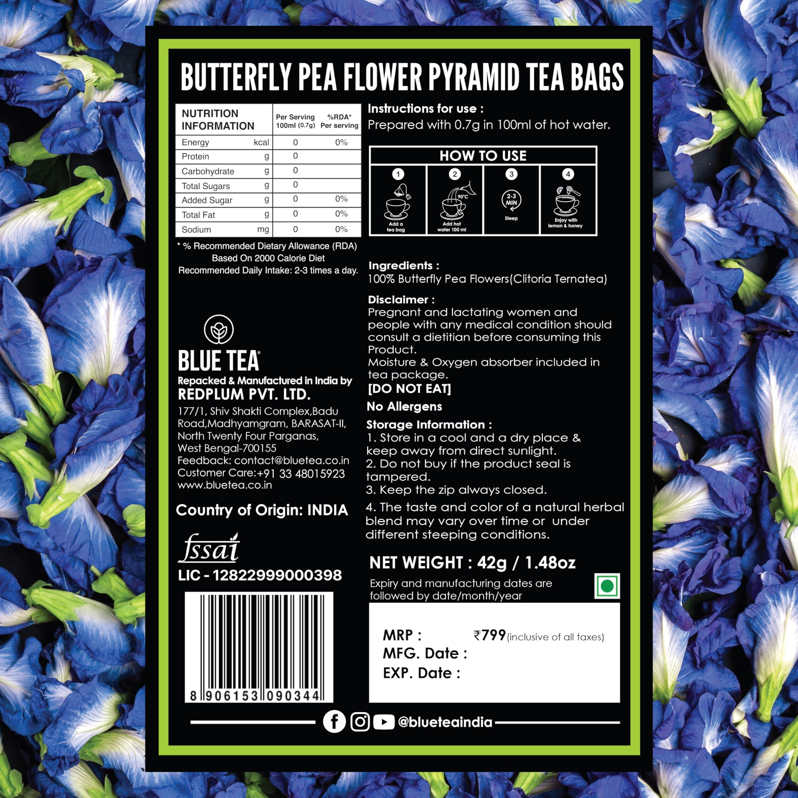 BLUE TEA BLUE TEA - Butterfly Pea Flower Tea - 60 Tea Bags (Plant Based) | Rakhi Gift For Sister | ANTI-OXIDANT RICH | Caffeine Free - Flower Based- Herbal Tea | Natural Ingredients - Non-GMO - Vegan | Zipper