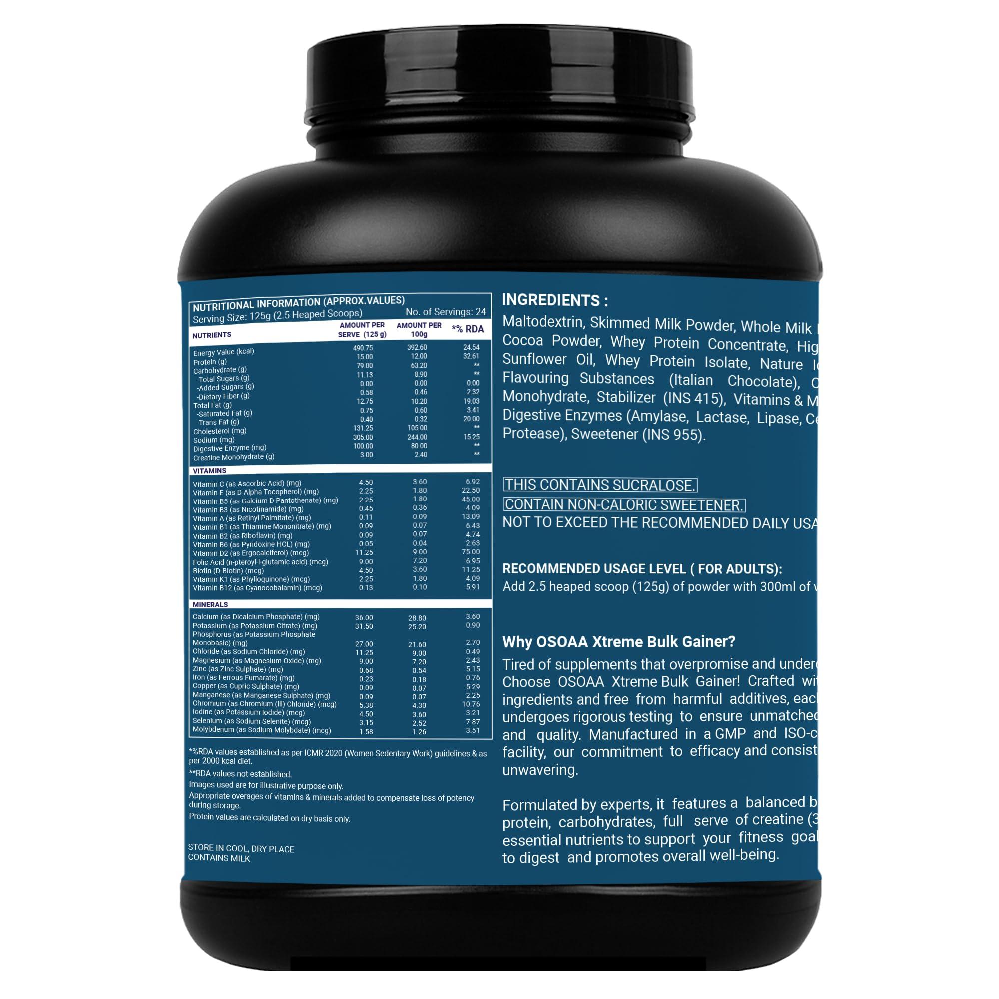 OSOAA OSOAA Bulk Mass Gainer 3Kg | (Italian Chocolate) | 15g Protein |490 Calories | Added 3g Creatine | with Digestive Enzymes | 28 Added Vitamins | For Both Men & Women