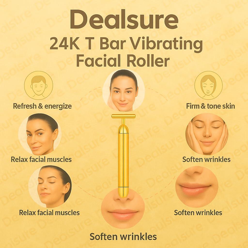 Dealsure Dealsure 24k Gold Energy Beauty Bar Electric Vibration Facial Massage Roller Waterproof Face Skin Care T-Shaped Anti Wrinkle Massager for Forehead Cheek Neck Clavicle Arm (Gold Colour)