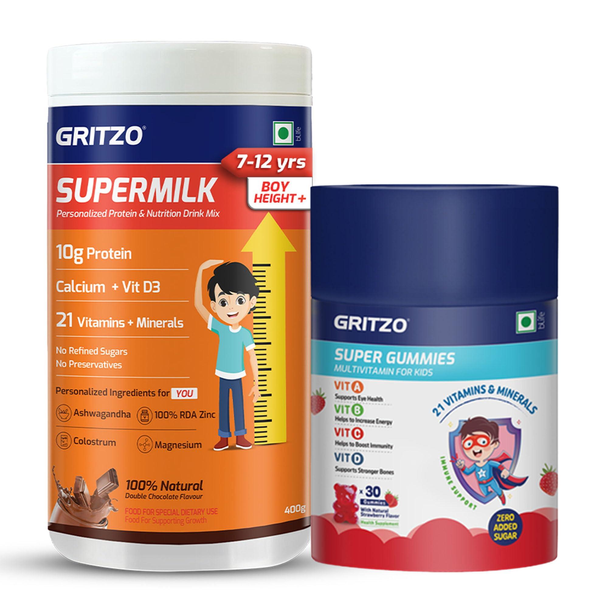 Gritzo Gritzo SuperMilk Height+, (7-12y Boys) Powder with Super Gummies (Double Chocolate, 400g & Strawberry, 30 Gummies) (Combo Pack)