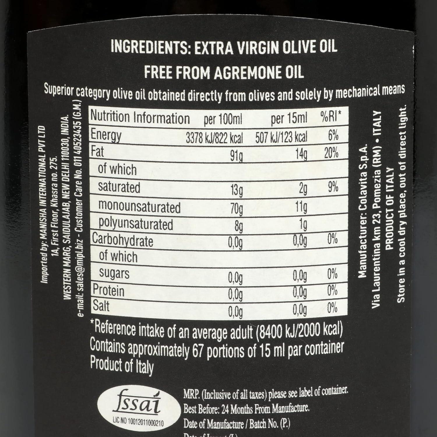 COLAVITA Colavita Extra Virgin Olive Oil (250 ml) | Italian Premium Selection | Imported from Italy | Premium Olive Oil for Cooking, Dips and Marinades | Cold Pressed Oil from Italian grown Olives | Timeless Bottle Pack