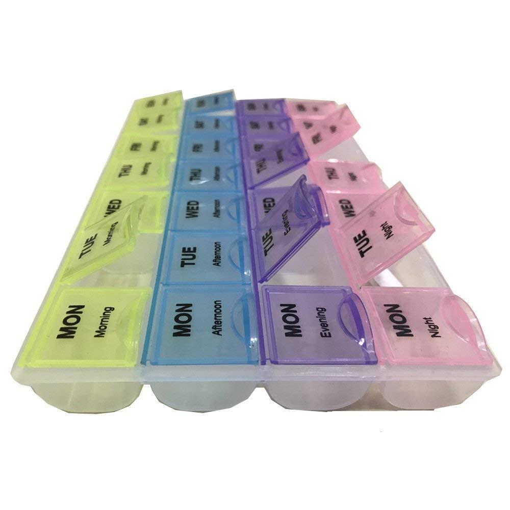 JD SHOP JD SHOP 7 day 28 Slot Weekly Pill Box Medicine Tablet Holder Dispenser Holder Storage.(Multi-color)
