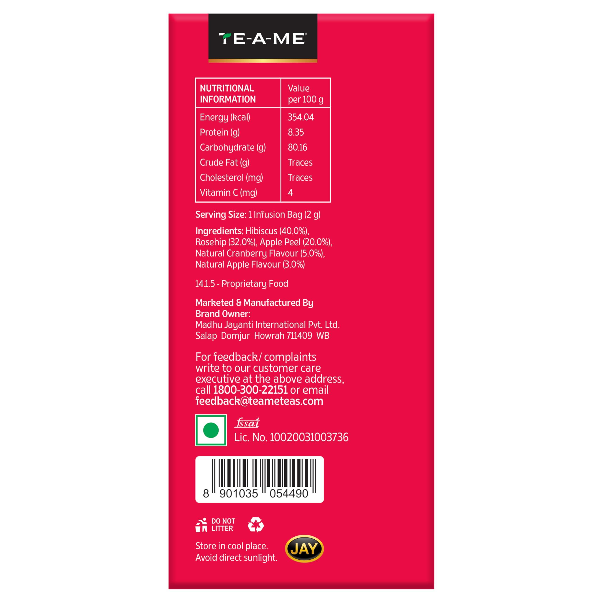TE-A-ME TE-A-ME Cranberry Apple Fruit Tea Bags|A Fruity Symphony Of Apple, Rosehip With Added Flavours|100% Caffeine Free|50 Cranberry Apple Tea Bags (2 Boxes X 25 Tea Bags = 50 Tea Bags) - Hibiscus
