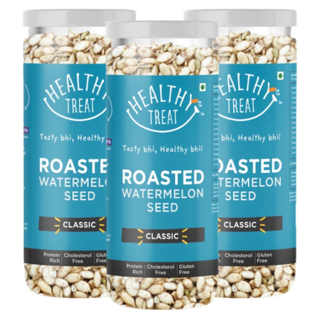 Healthy Treat Healthy Treat Roasted Watermelon Seeds 375Gm - Pack Of 3 125 Gm Each - Classic | Watermelon Seeds for Eating | Magaj Seeds Pack | Tarbuj Beej | Rich in Protein | Potassium | Magnesium & Iron | Diet Food