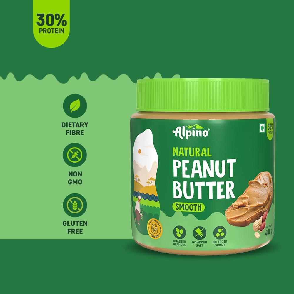 Alpino ALPINO Natural Peanut Butter Smooth 800g - Made with 100% Roasted Peanuts - 30g Protein, No Added Sugar & Salt, non-GMO, Gluten Free, Vegan Plant Based, Unsweetened Peanut Butter Creamy 400g, Pack of 2