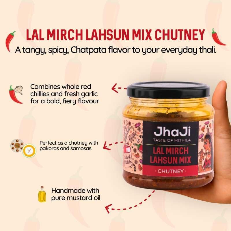JhaJi - Taste of Mithila JhaJi - Taste of Mithila Store\'s Lal Mirch Lahsun Chutney | Bihari Style Homemade| Tangy, Spicy, Sour and Chatpata |Chopped Banarasi Lal Mirch | Sun-Dried. No Artificial Preservatives & Colors - 250g