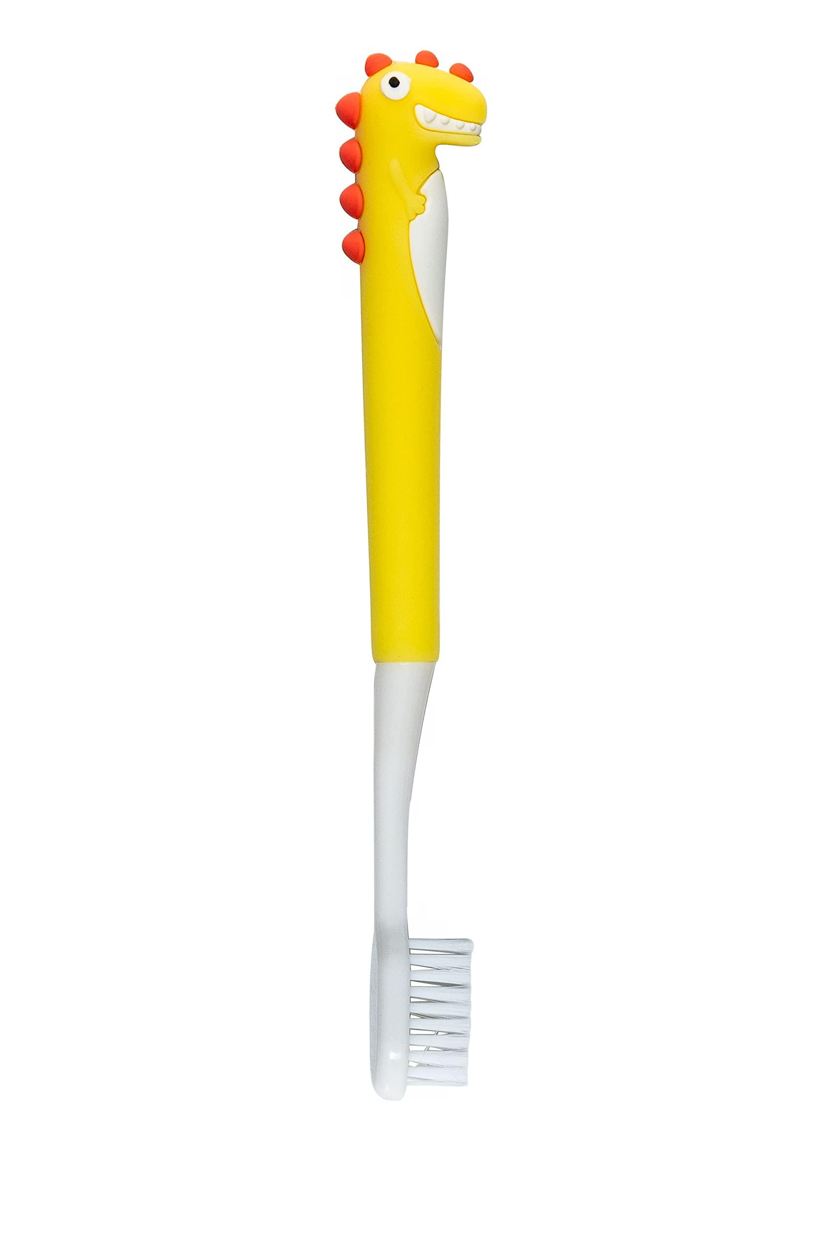 Adore Adore New Dino Brush Toddler Manual Toothbrush Comfortable To Use Deep Cleaning Dense Bristle Animal Design Funny Children Toothbrush For Home (Yellow), Pack of 2