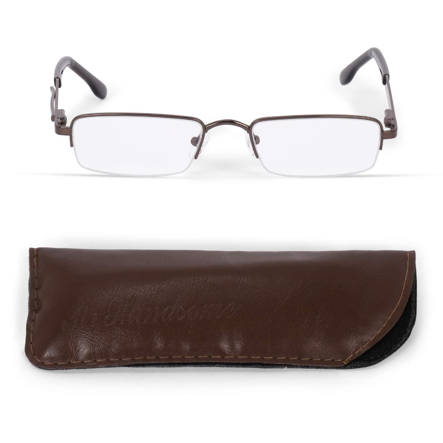 AEC AEC MetalRead Rectangle Half Rim Power Reading Glasses With Pen Clip & Smart Carry Case (+2.50, Brown)