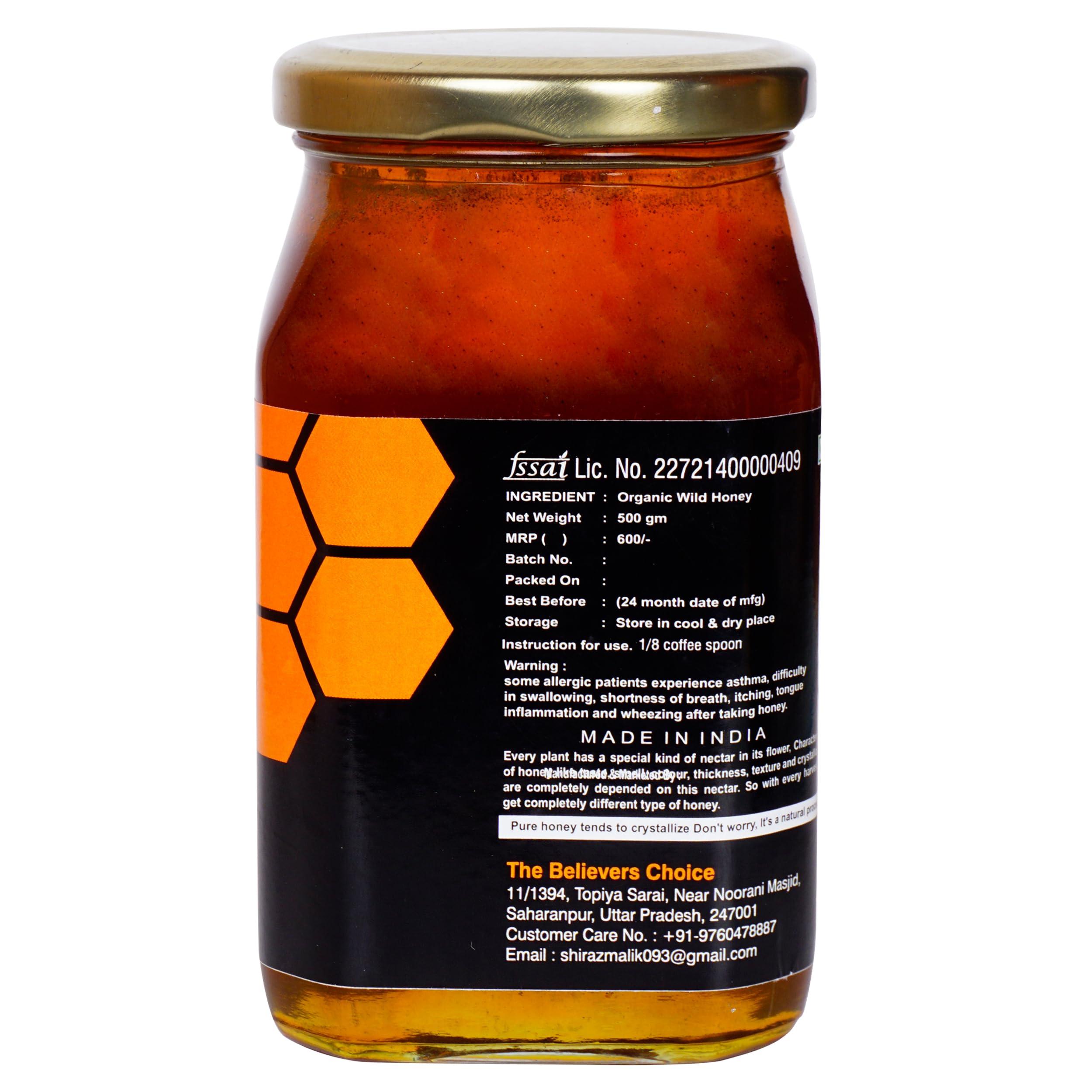 The Believers Choice The Believers Choice Raw Organic Forest Honey, Wild, Unprocessed, Unheated, Non Pasteurized, Original Honey 100% Pure and Natural, Collected from Deep Forest , 500 Gram jar