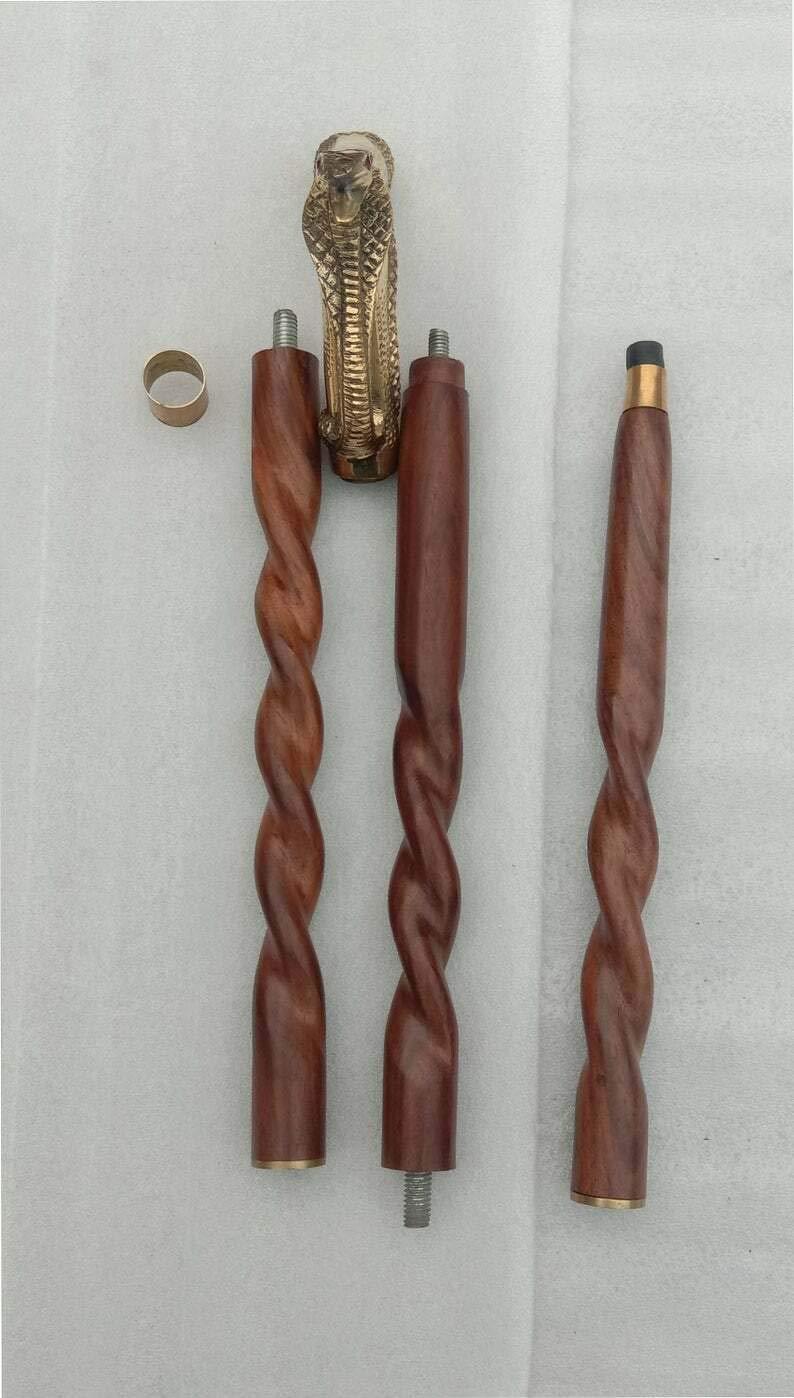 NavaFresh Basics Vintage King Handmade Solid Brass Skull Snake Head Handle Vintage Antique Wooden Walking Stick Cane Gift (3 Fold Wooden Walking Cane)