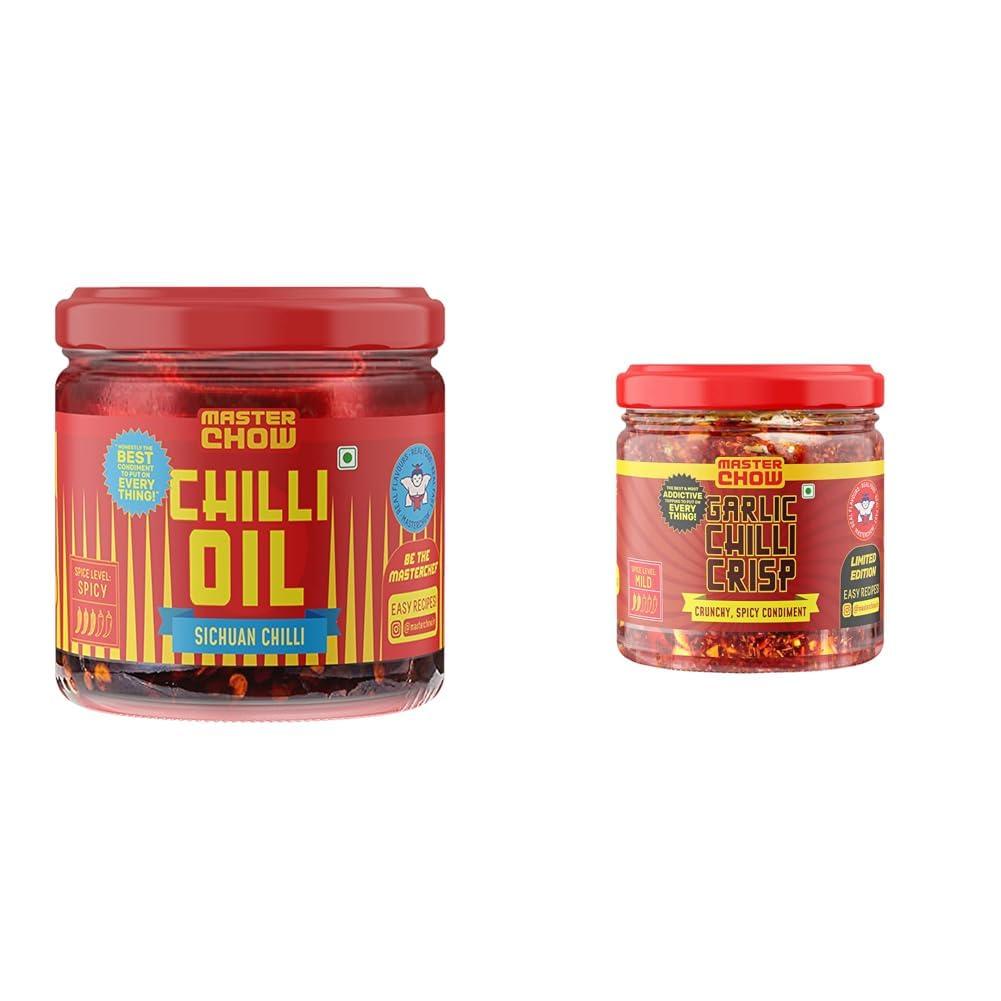 MasterChow MasterChow Crispy Chilli Chinese Combo - Hot Sichuan Chilli Oil & Crunchy Chilli Crisp | Made with Sichuan Peppercorns, Crunchy Garlic & Red Chillies | Eat With Momos, Pizza, Noodles | Pack of 2