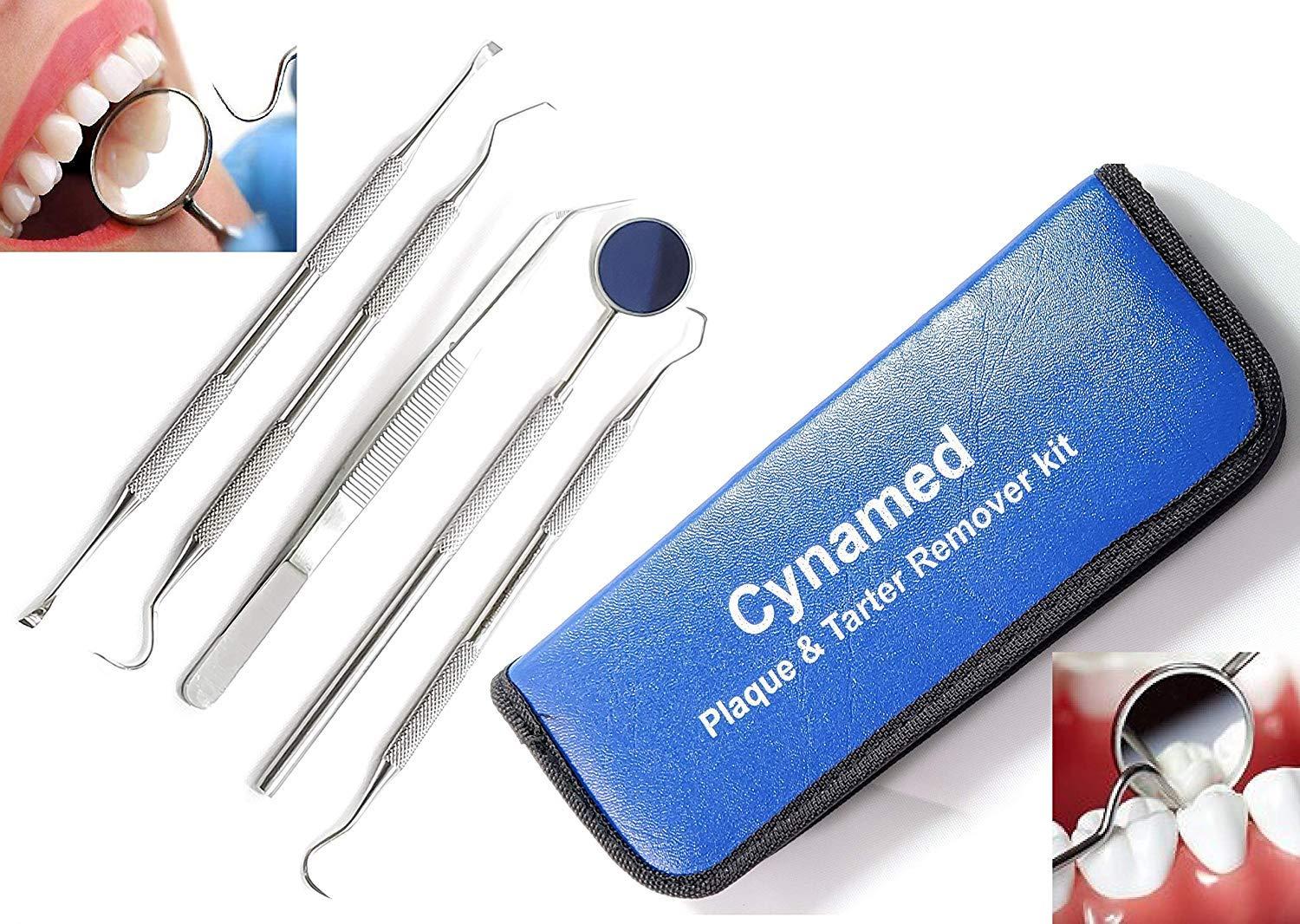 Cynamed Professional Dental Hygiene Kit, Calculus Plaque Remover Set, Stainless Steel Tools, Tarter Scraper, Tooth Pick, Dental Scaler and Mouth Mirror Instruments. Hygienist Kit, Home Use Tools for Adults