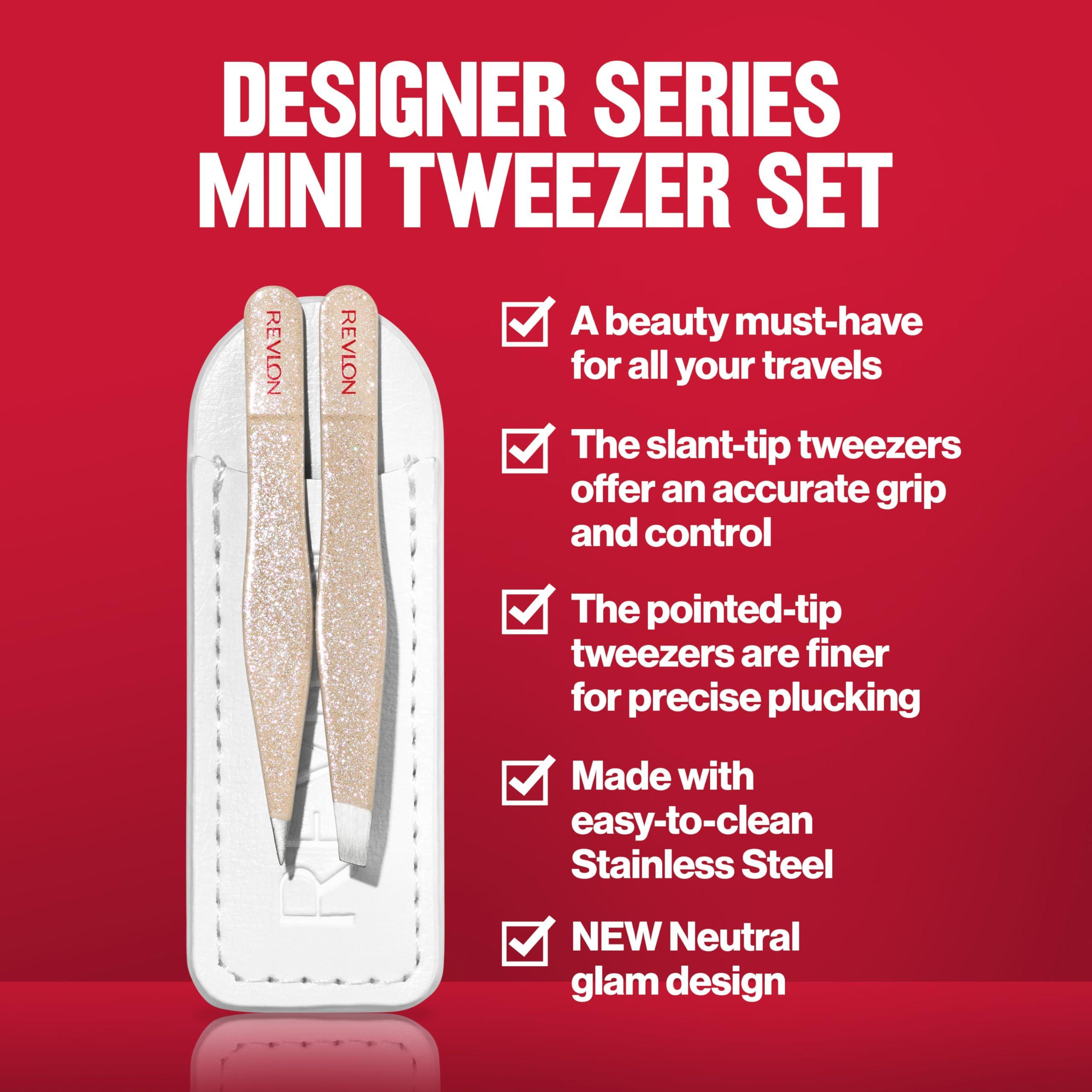 REVLON Revlon Designer Series Mini Tweezer Set, Hair Removal Tool Kit with Mini Slant-tip and Point Tip Tweezers, Portable and Easy to Use Made with Long Lasting Stainless Steel, 1 Count